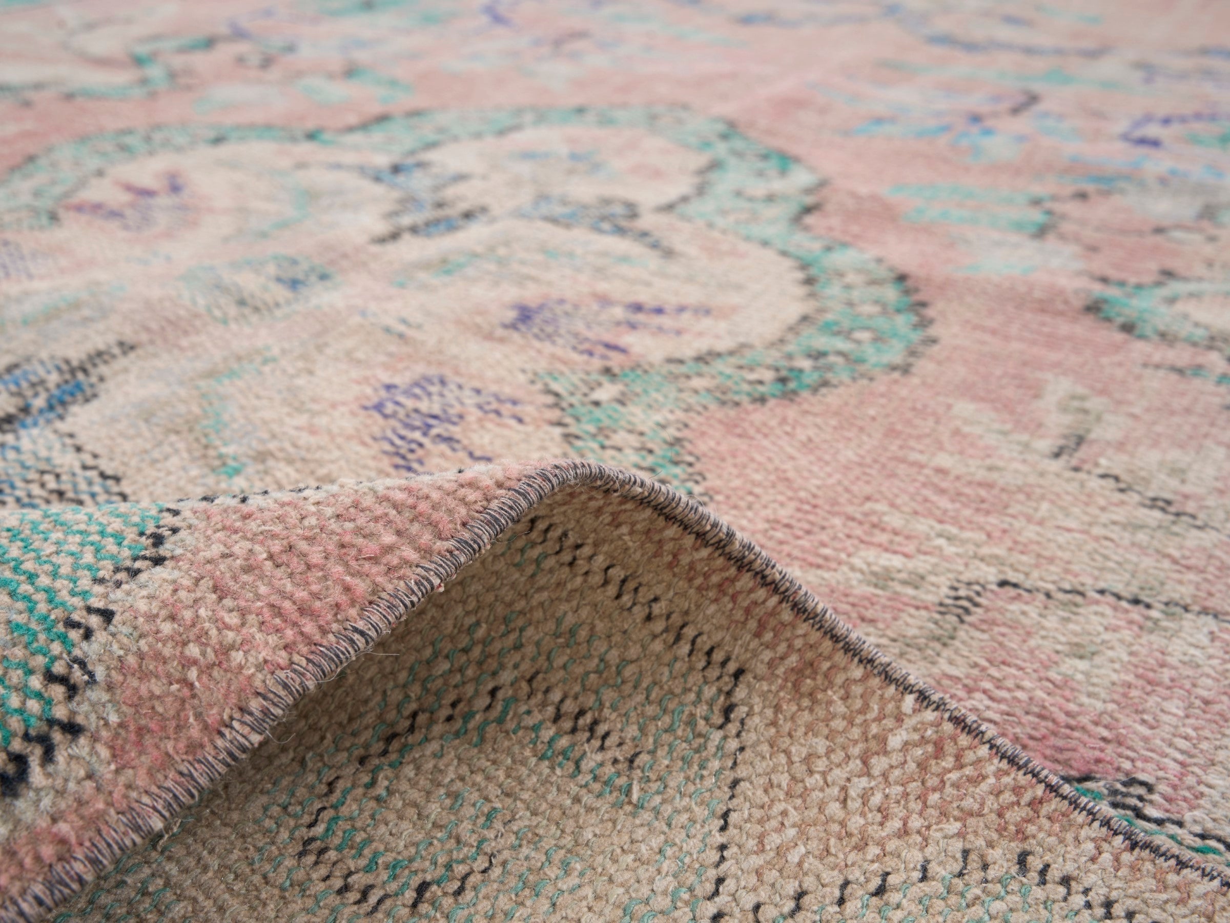 Turkish Manisa area rug in dusty rose and sage, view 9 of 10