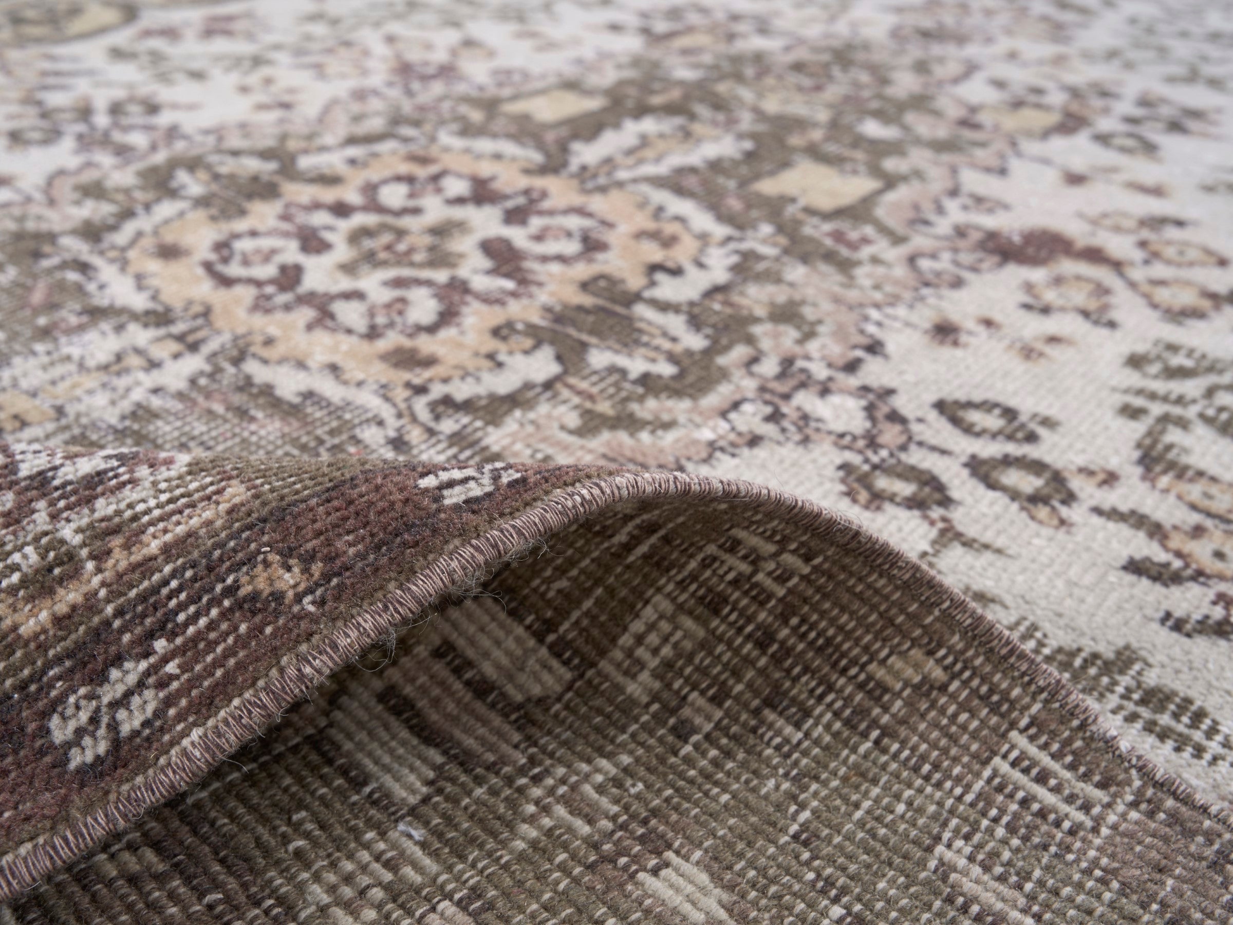Turkish Isparta area rug in cream and dark brown, view 9 of 10