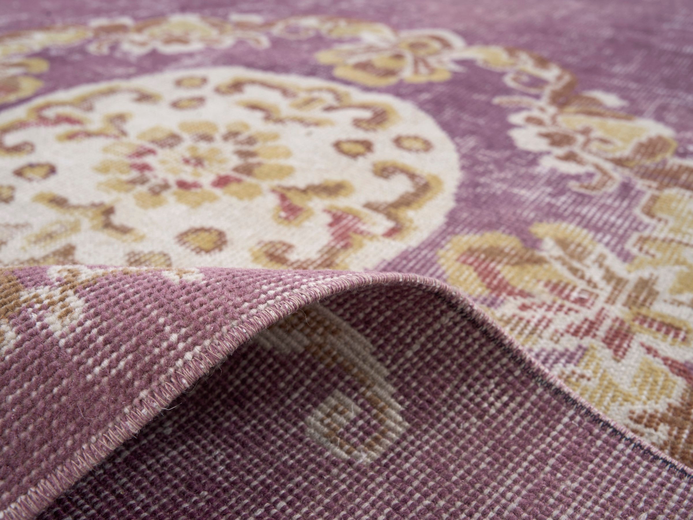 Turkish Isparta area rug in dusty rose and antique gold, view 9 of 10