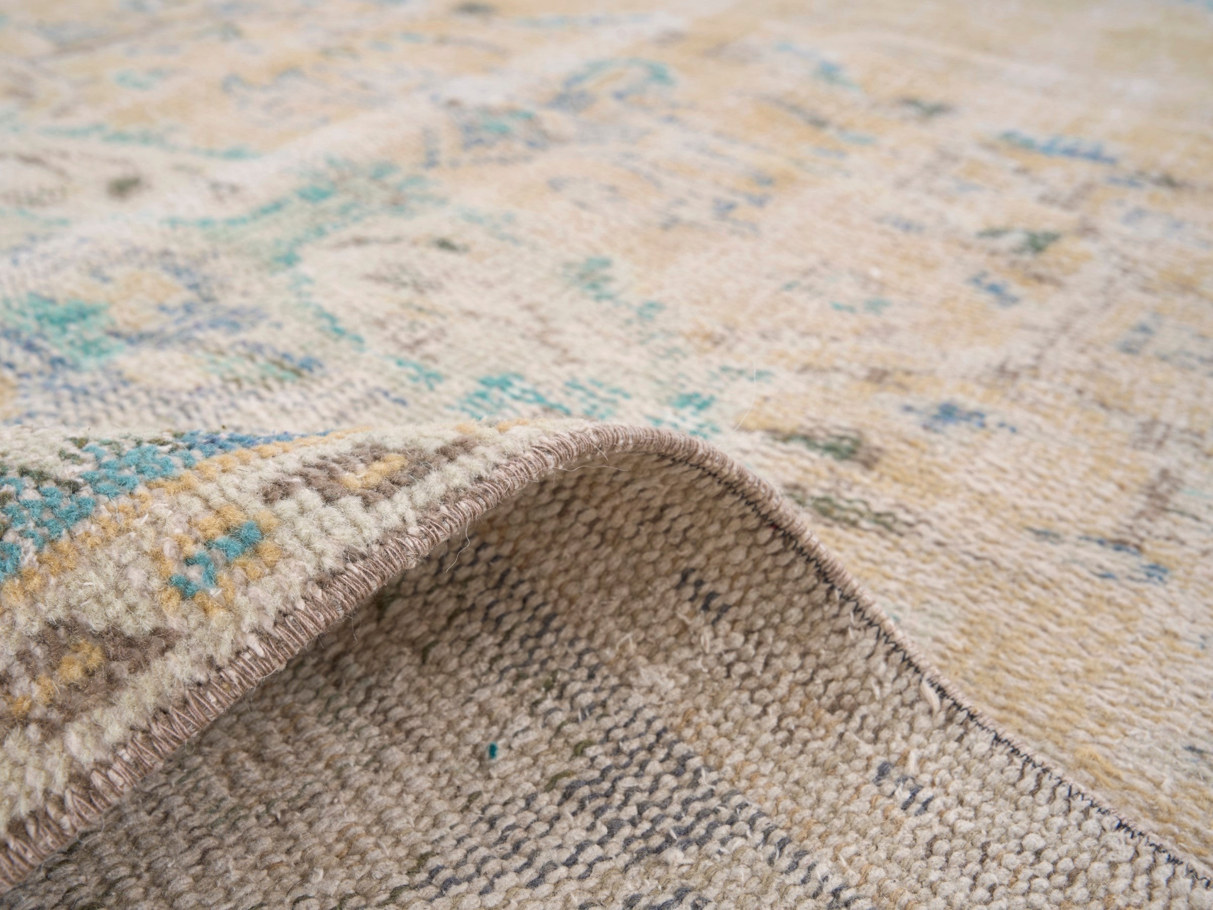 Turkish Manisa area rug in cream and powder blue, view 9 of 10