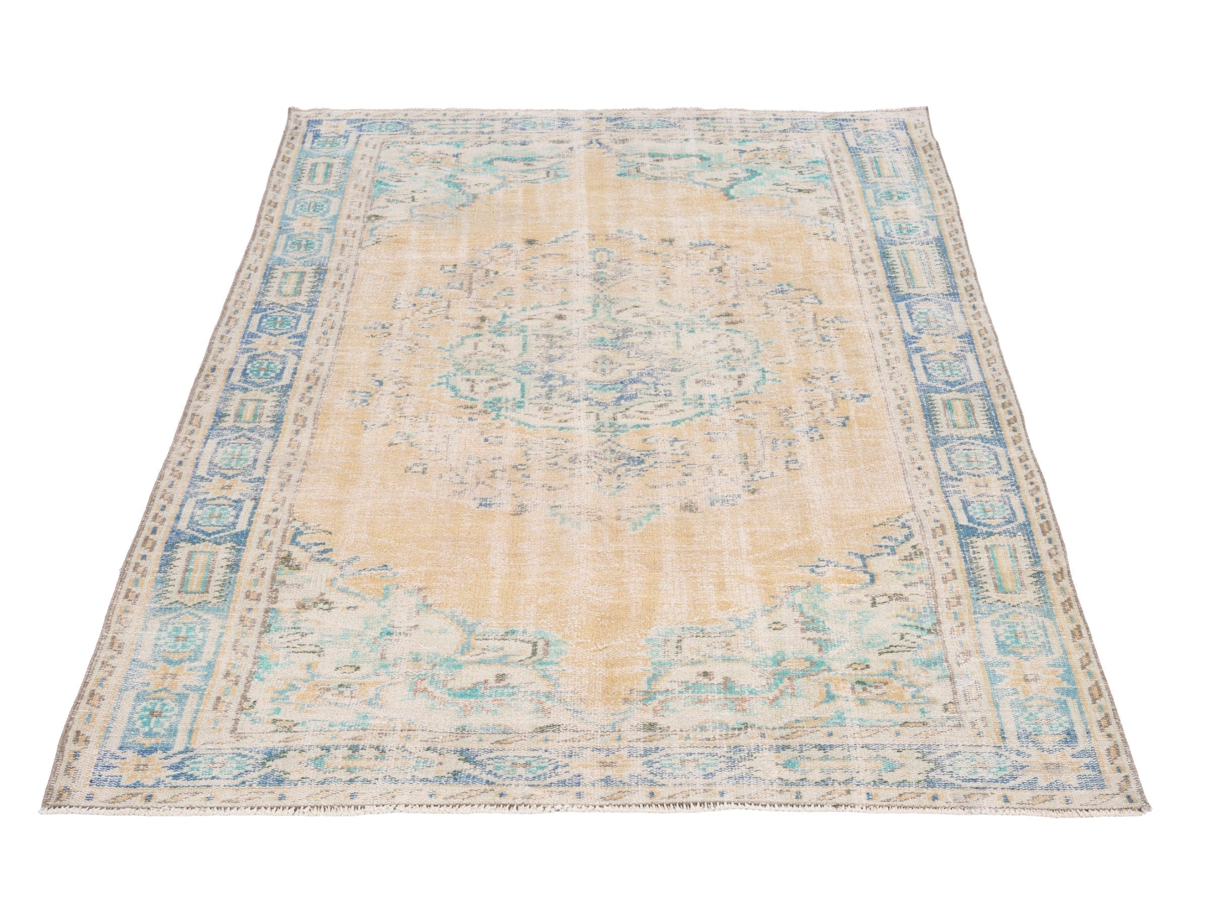 Turkish Manisa area rug in cream and powder blue, view 2 of 10