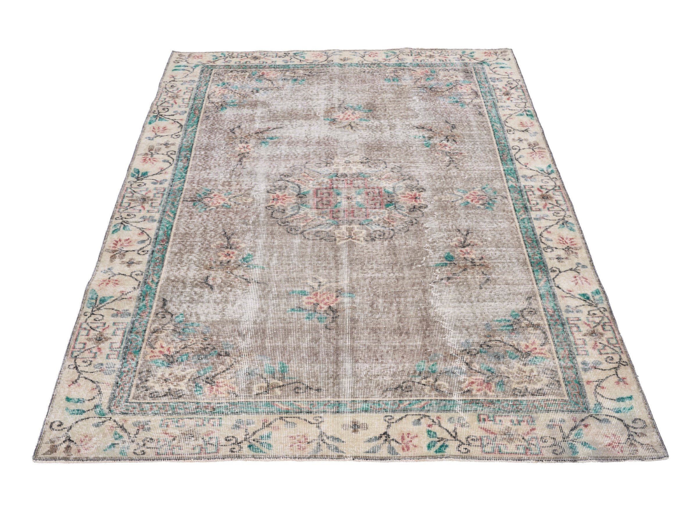 Turkish Isparta area rug in greige and muted pink, view 2 of 10