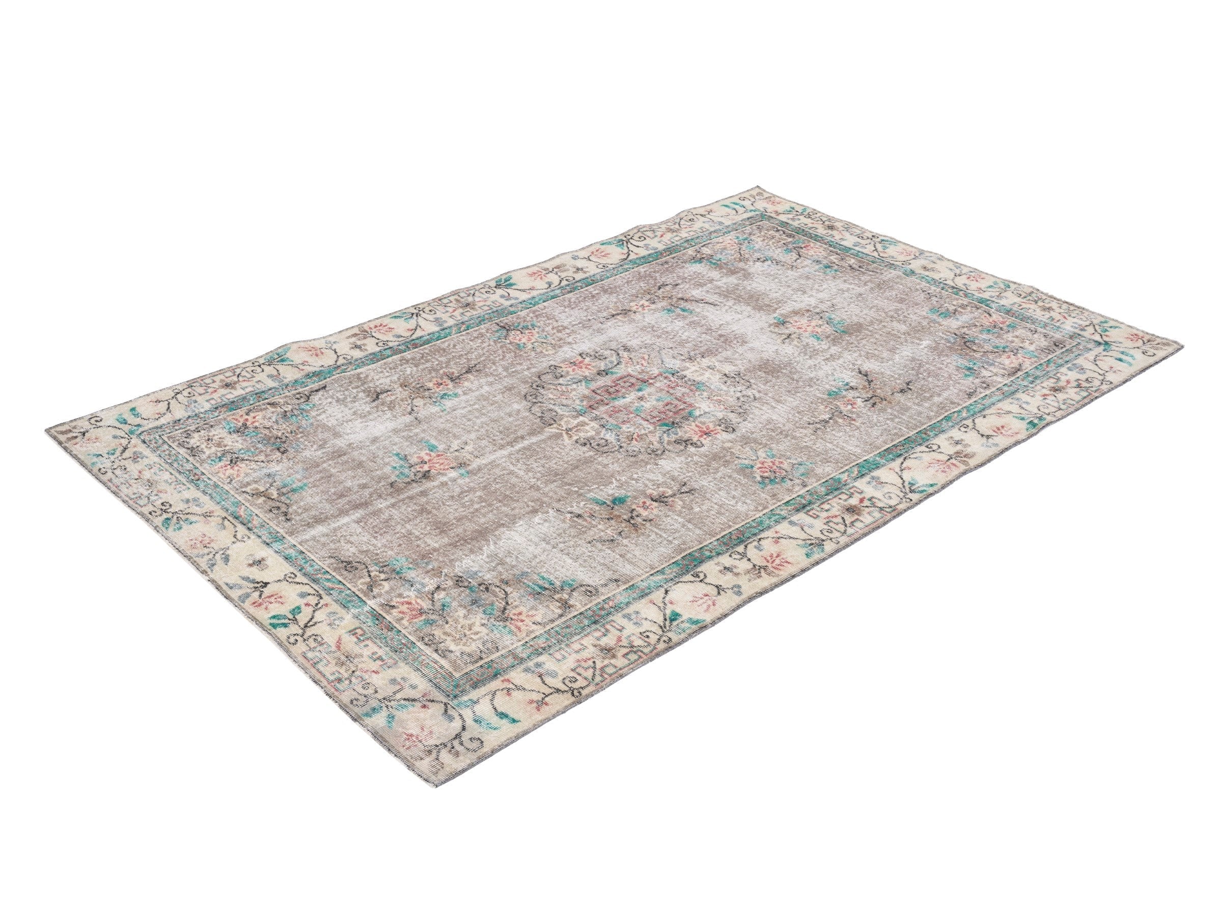 Turkish Isparta area rug in greige and muted pink, view 3 of 10