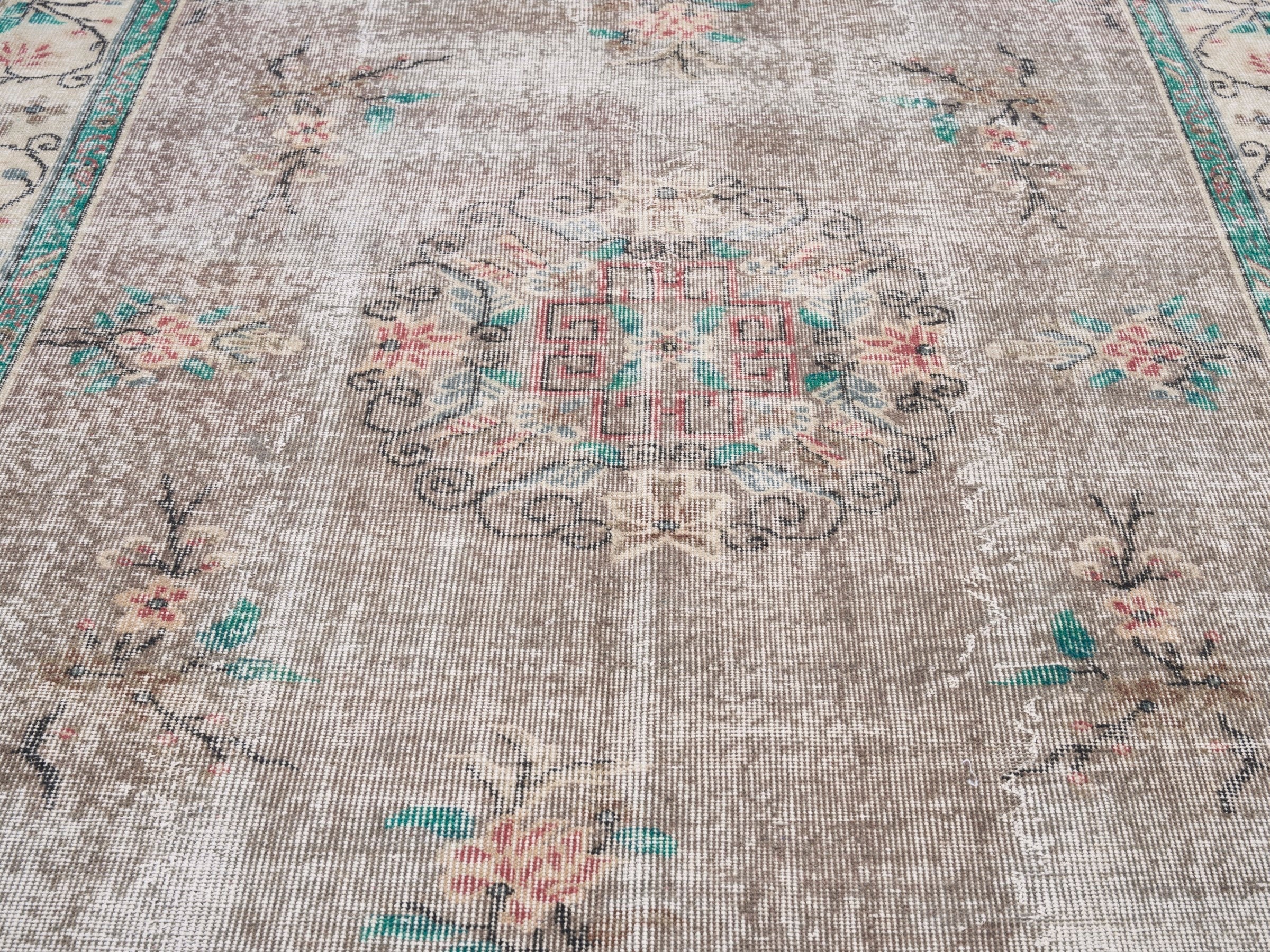 Turkish Isparta area rug in greige and muted pink, view 4 of 10