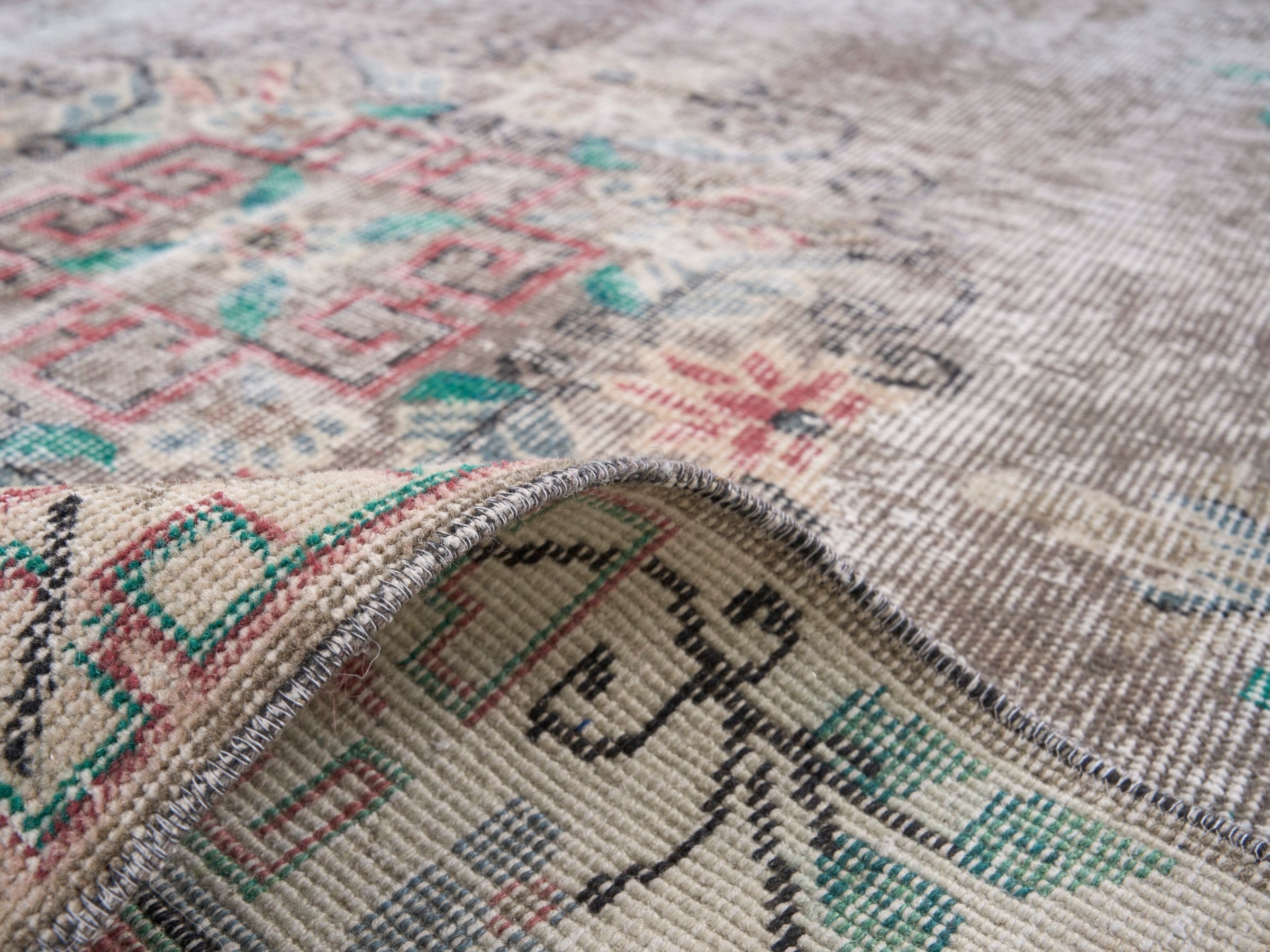 Turkish Isparta area rug in greige and muted pink, view 9 of 10