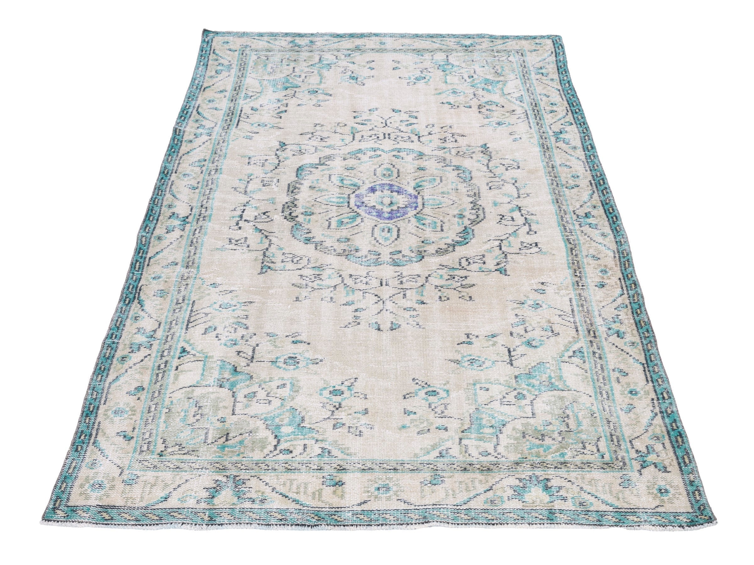 Turkish Manisa area rug in cream and powder blue, view 2 of 10