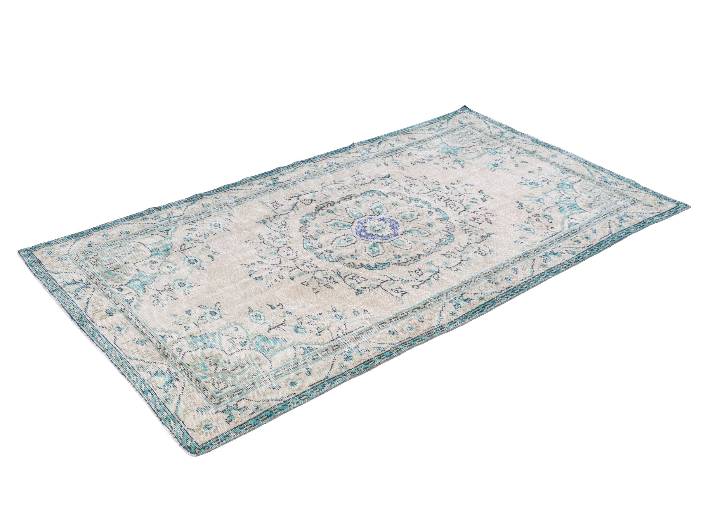Turkish Manisa area rug in cream and powder blue, view 3 of 10