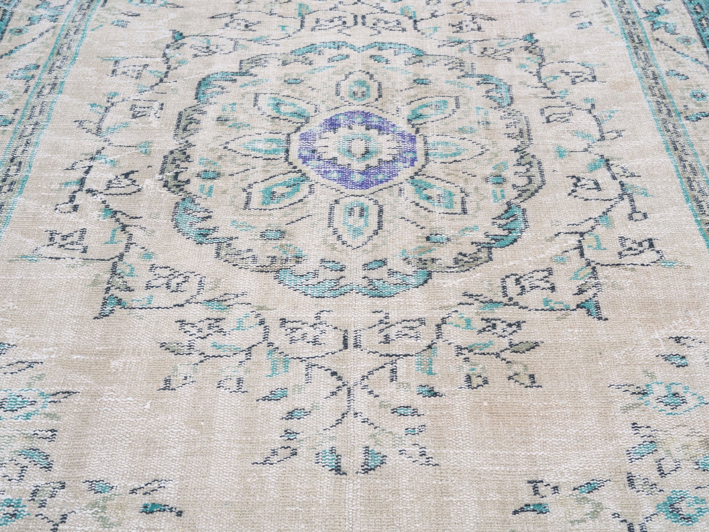 Turkish Manisa area rug in cream and powder blue, view 4 of 10