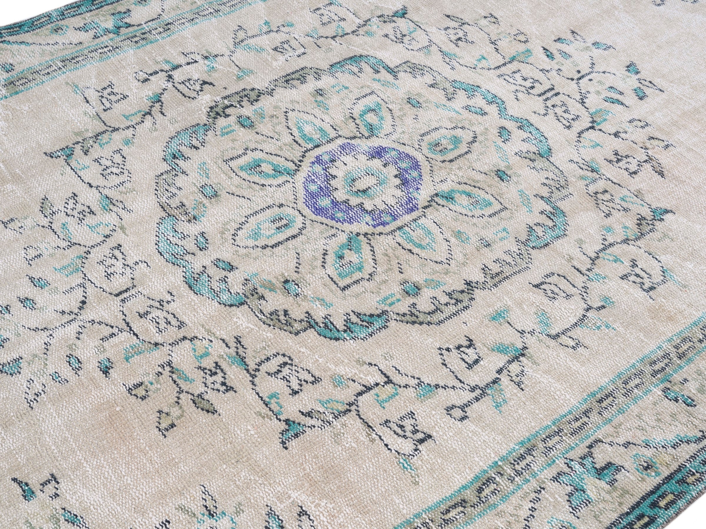 Turkish Manisa area rug in cream and powder blue, view 7 of 10