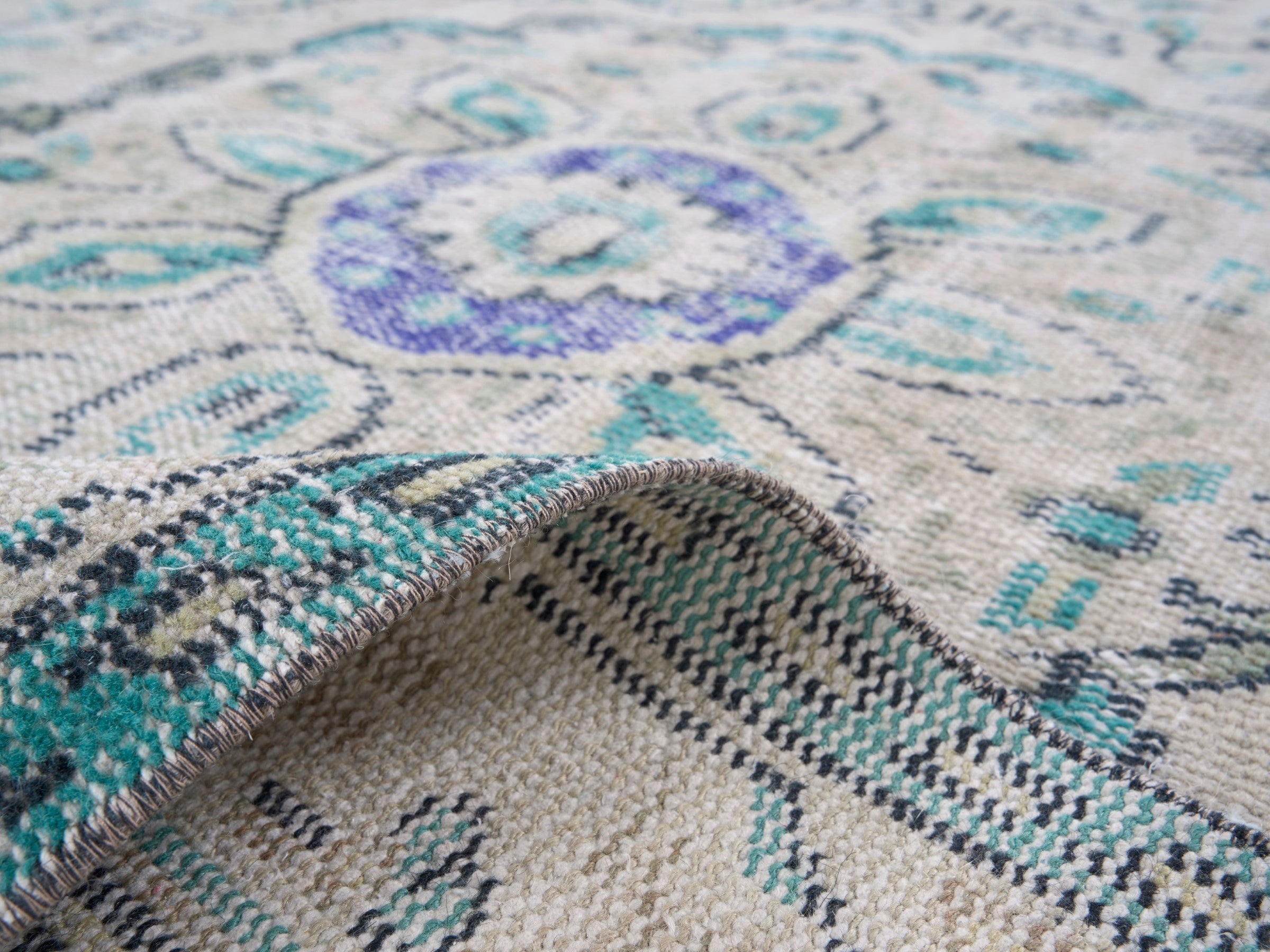 Turkish Manisa area rug in cream and powder blue, view 9 of 10