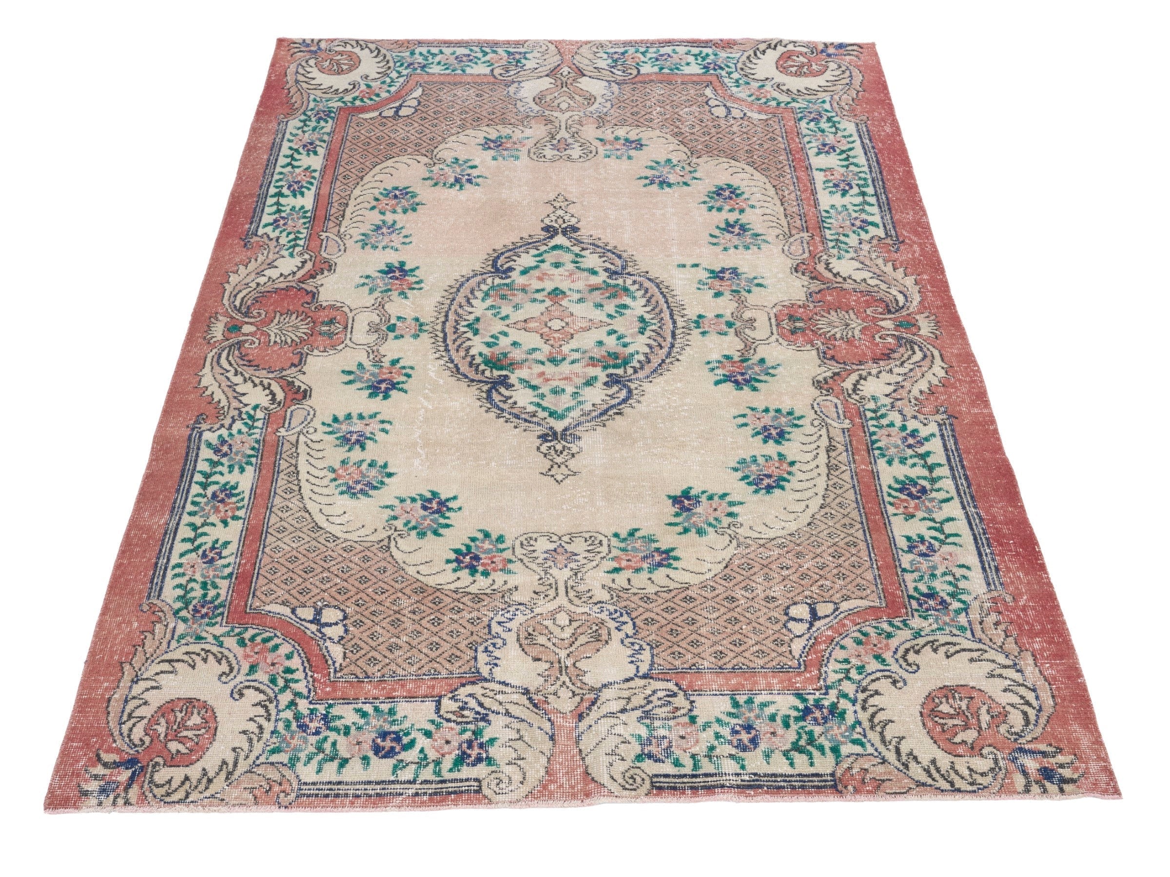 Turkish Isparta area rug in cream and rose, view 2 of 10