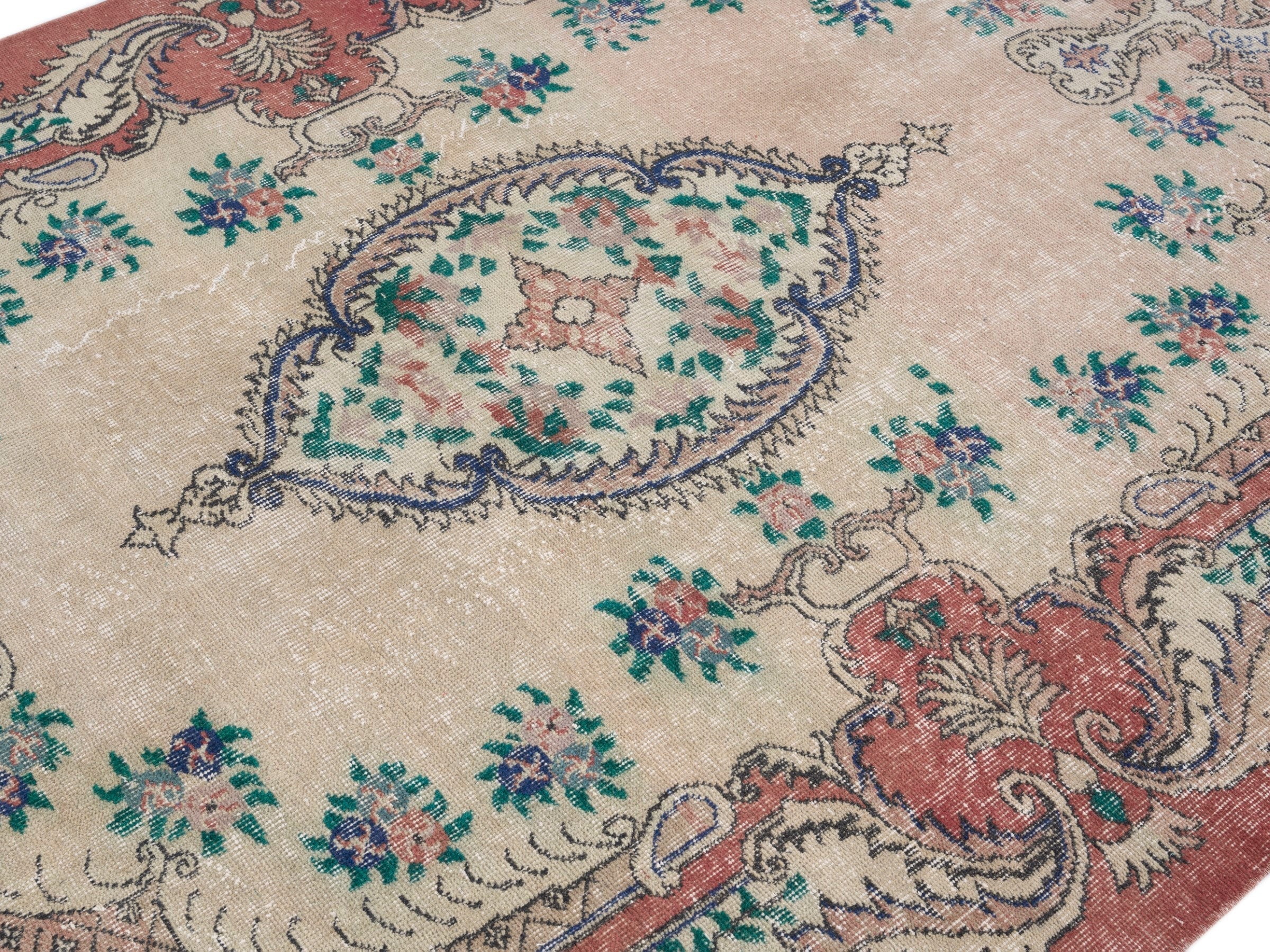Turkish Isparta area rug in cream and rose, view 5 of 10