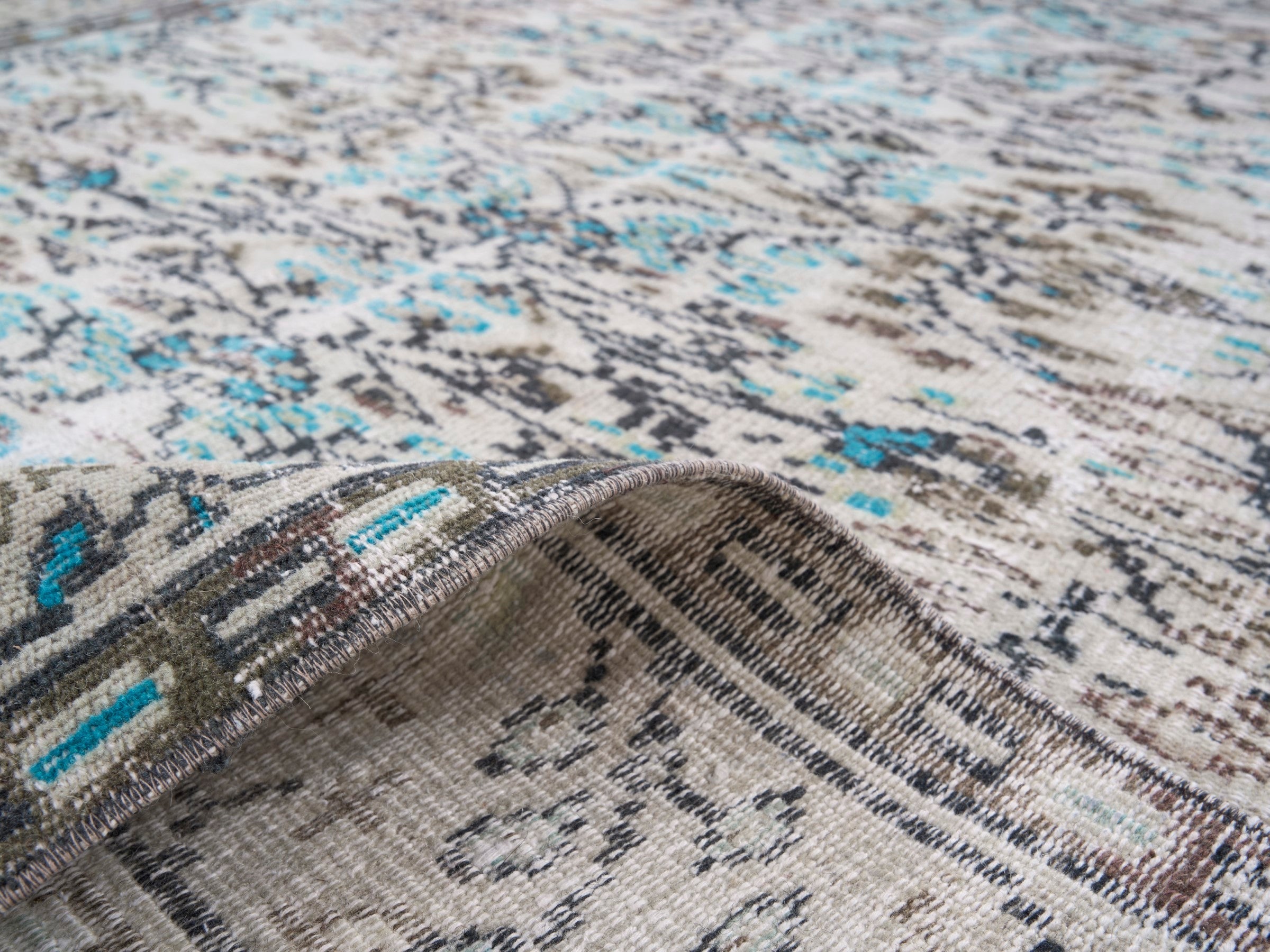 Turkish Manisa area rug in cream and sky, view 9 of 10