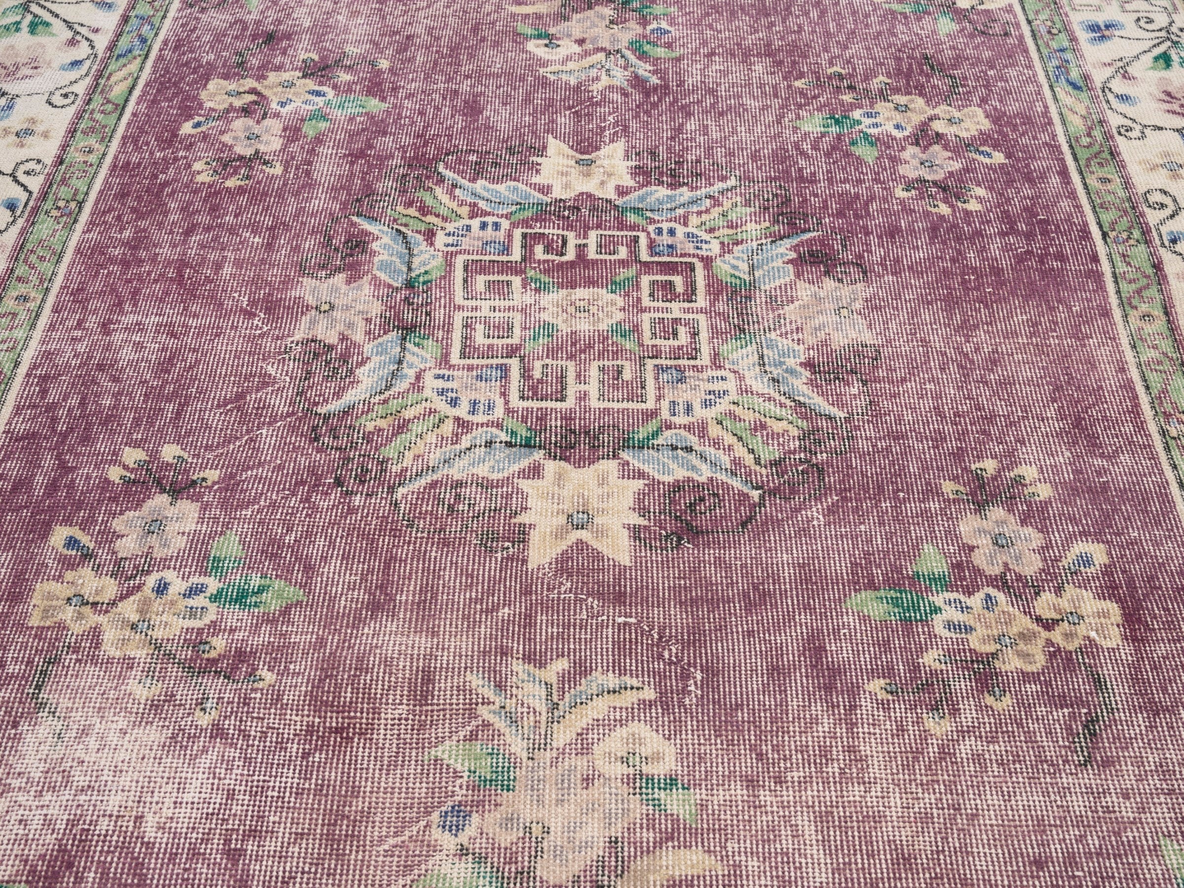 Turkish Isparta area rug in faded red and cream, view 4 of 10
