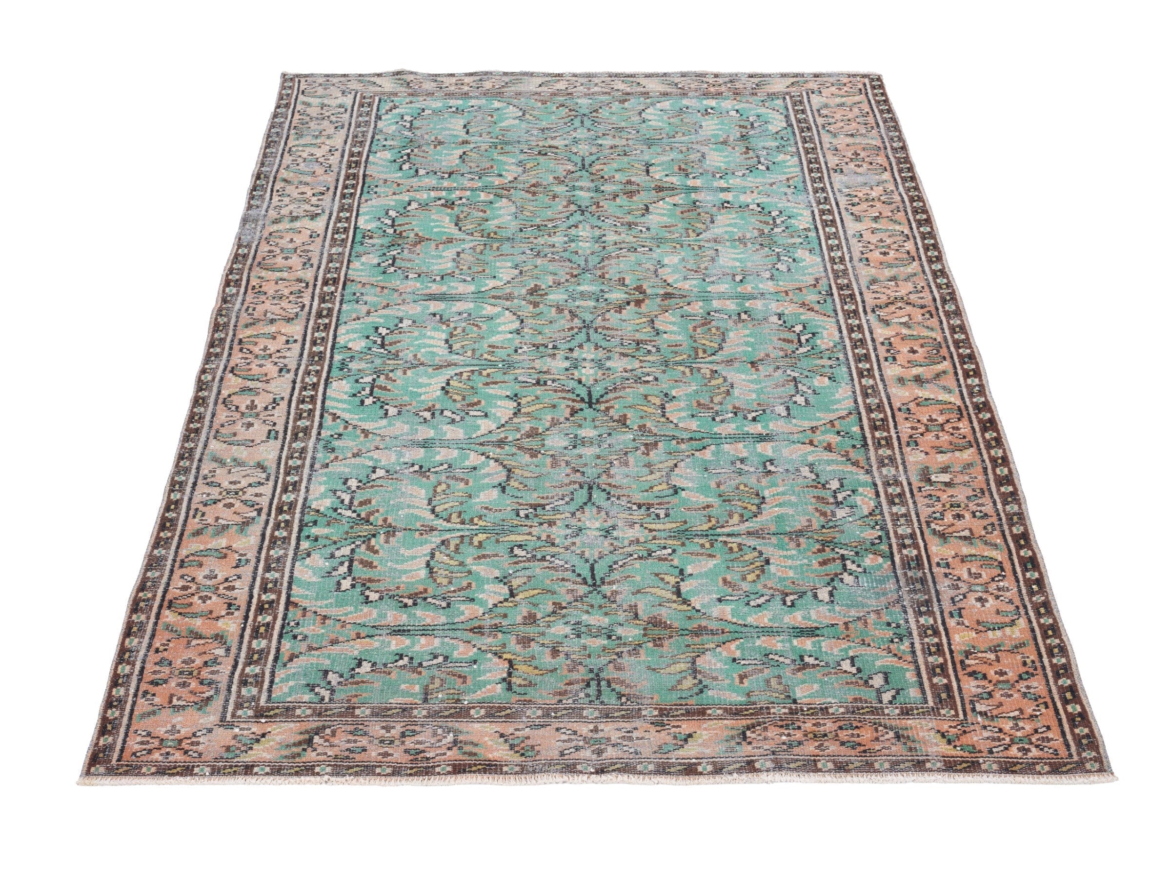 Turkish Manisa area rug in celadon and muted pink, view 2 of 10