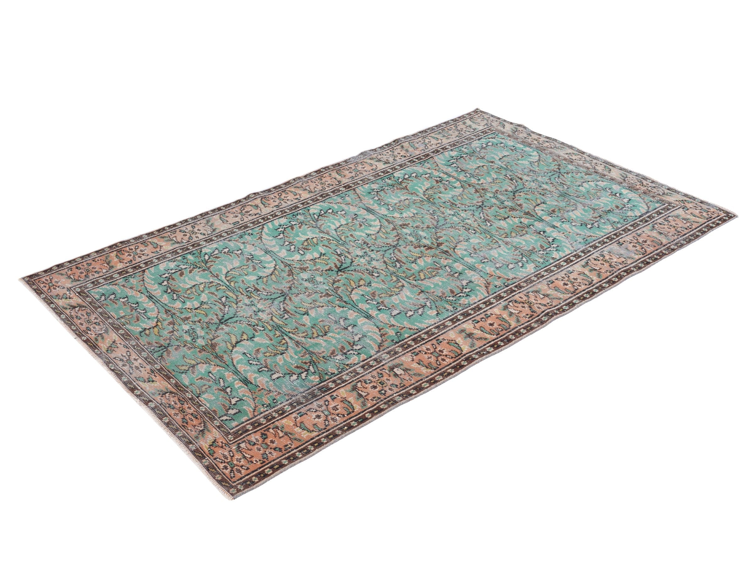 Turkish Manisa area rug in celadon and muted pink, view 3 of 10