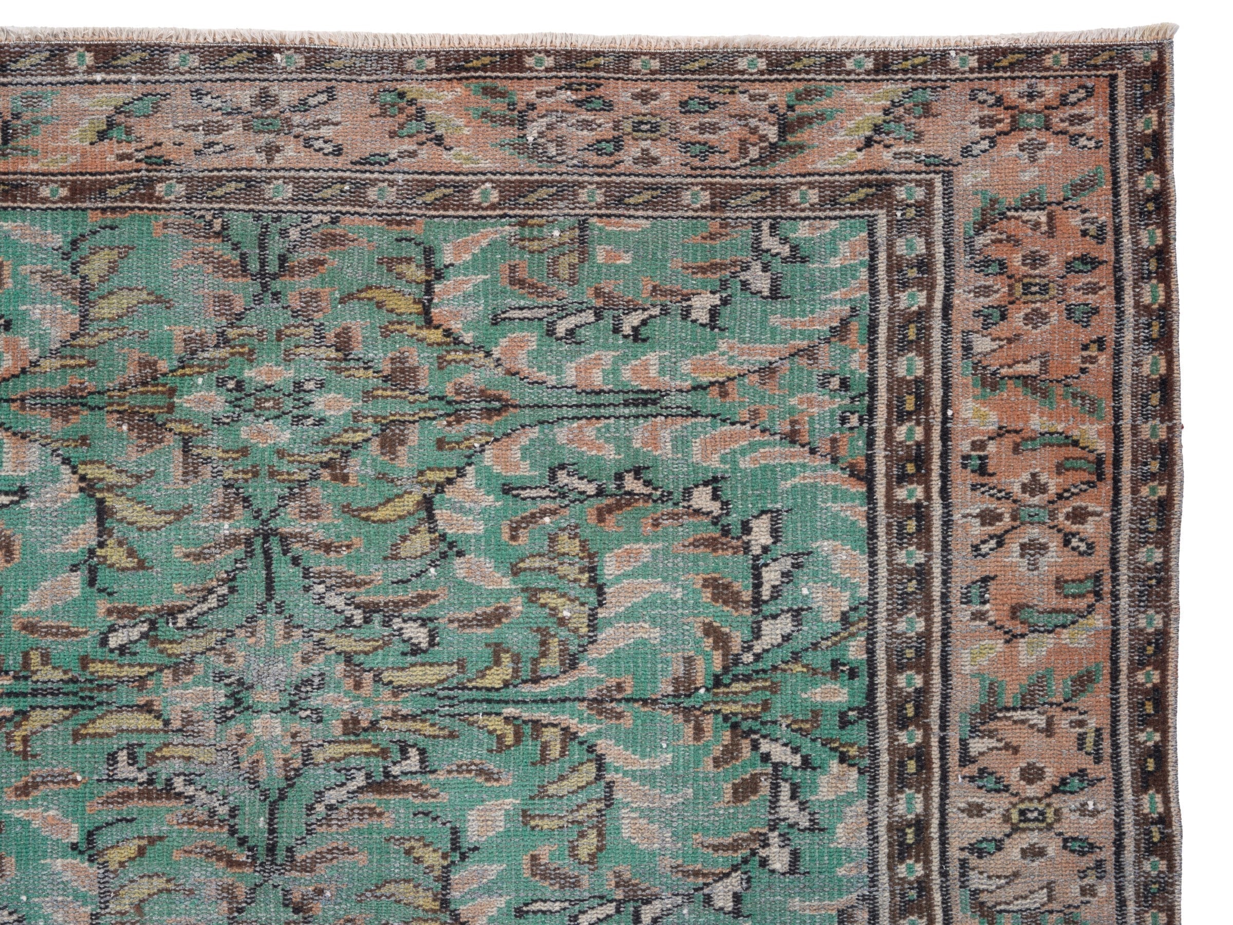 Turkish Manisa area rug in celadon and muted pink, view 8 of 10