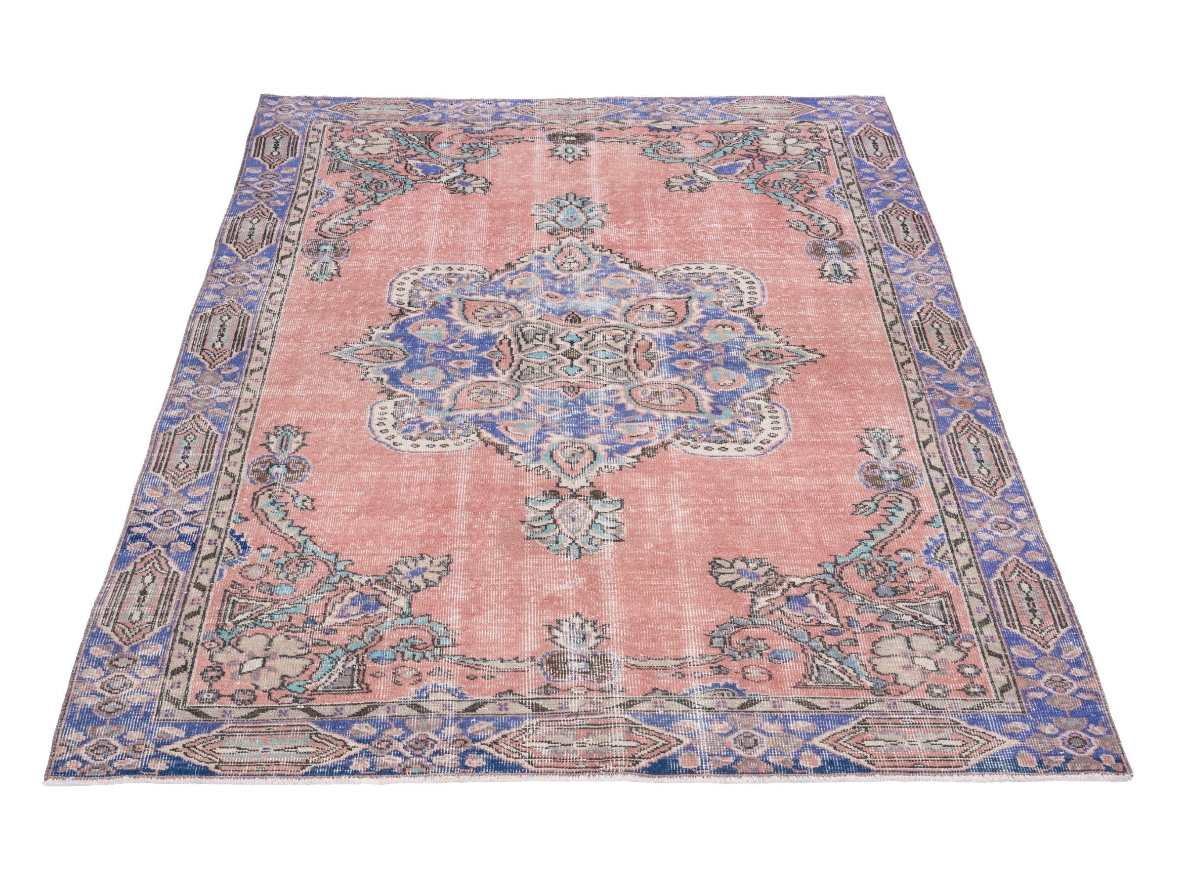 Turkish Isparta area rug in muted pink and slate blue, view 2 of 10