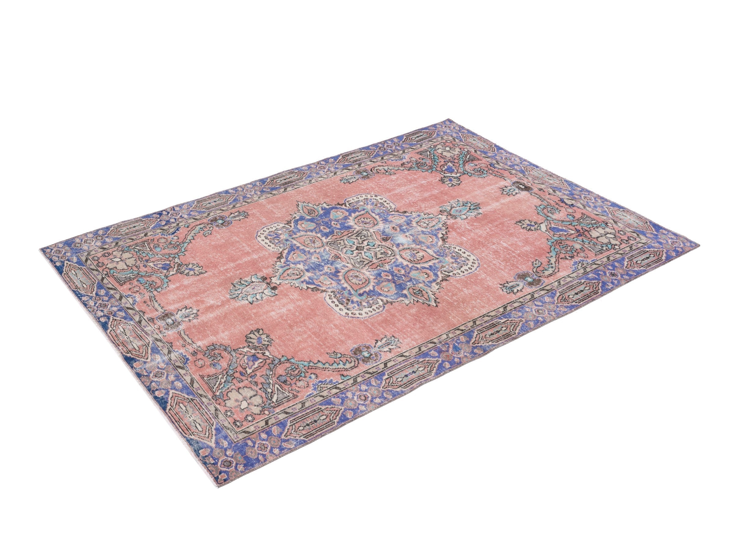 Turkish Isparta area rug in muted pink and slate blue, view 3 of 10