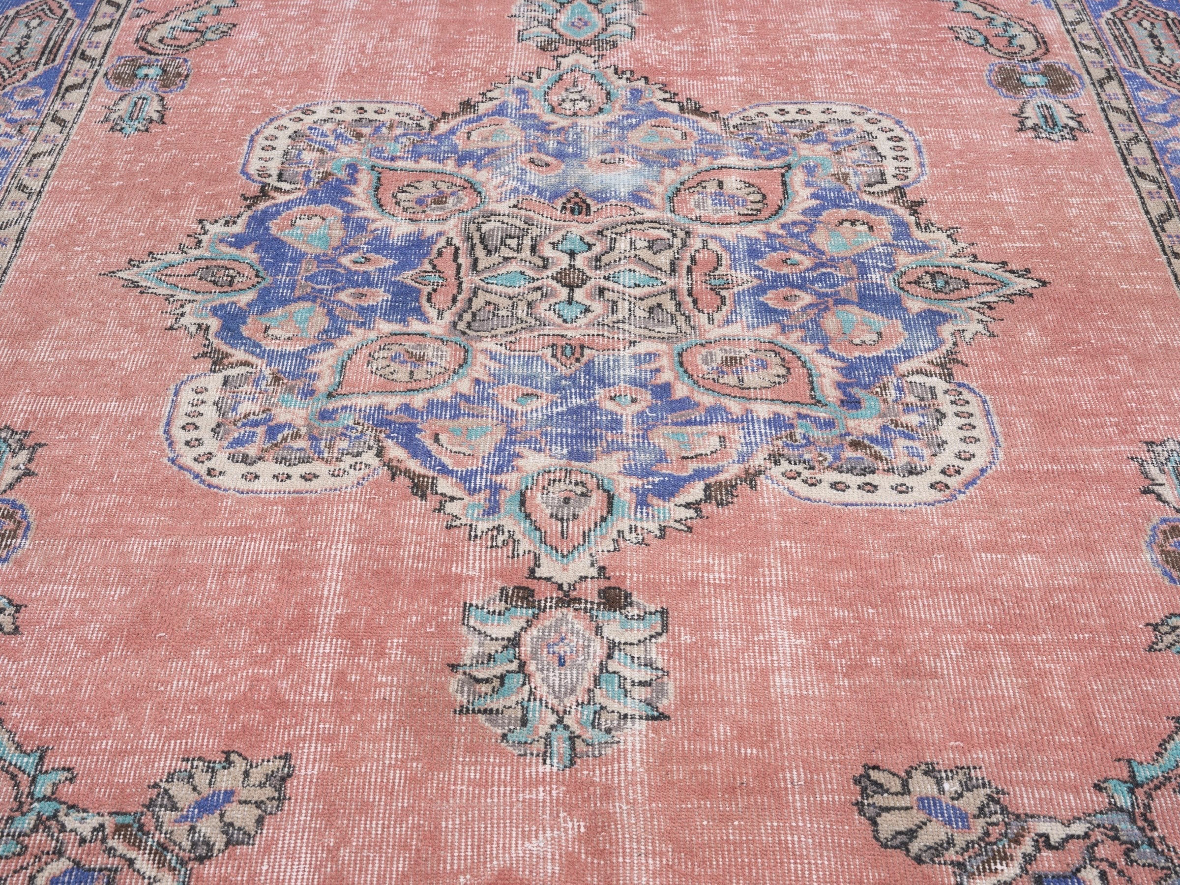 Turkish Isparta area rug in muted pink and slate blue, view 4 of 10