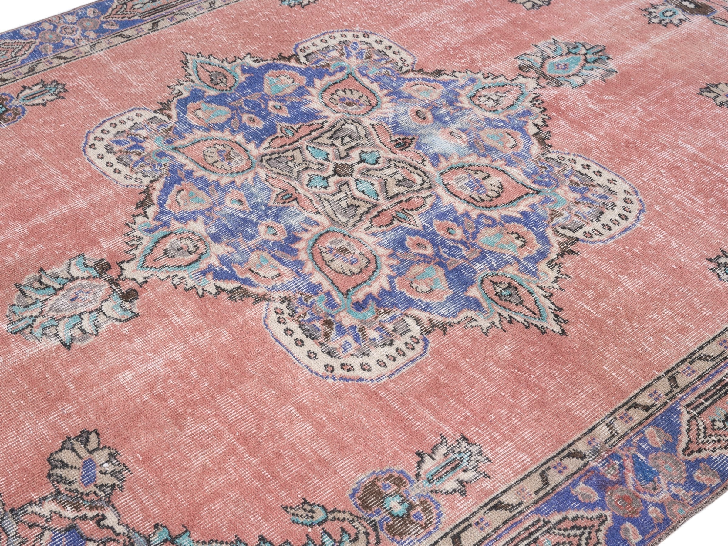 Turkish Isparta area rug in muted pink and slate blue, view 5 of 10