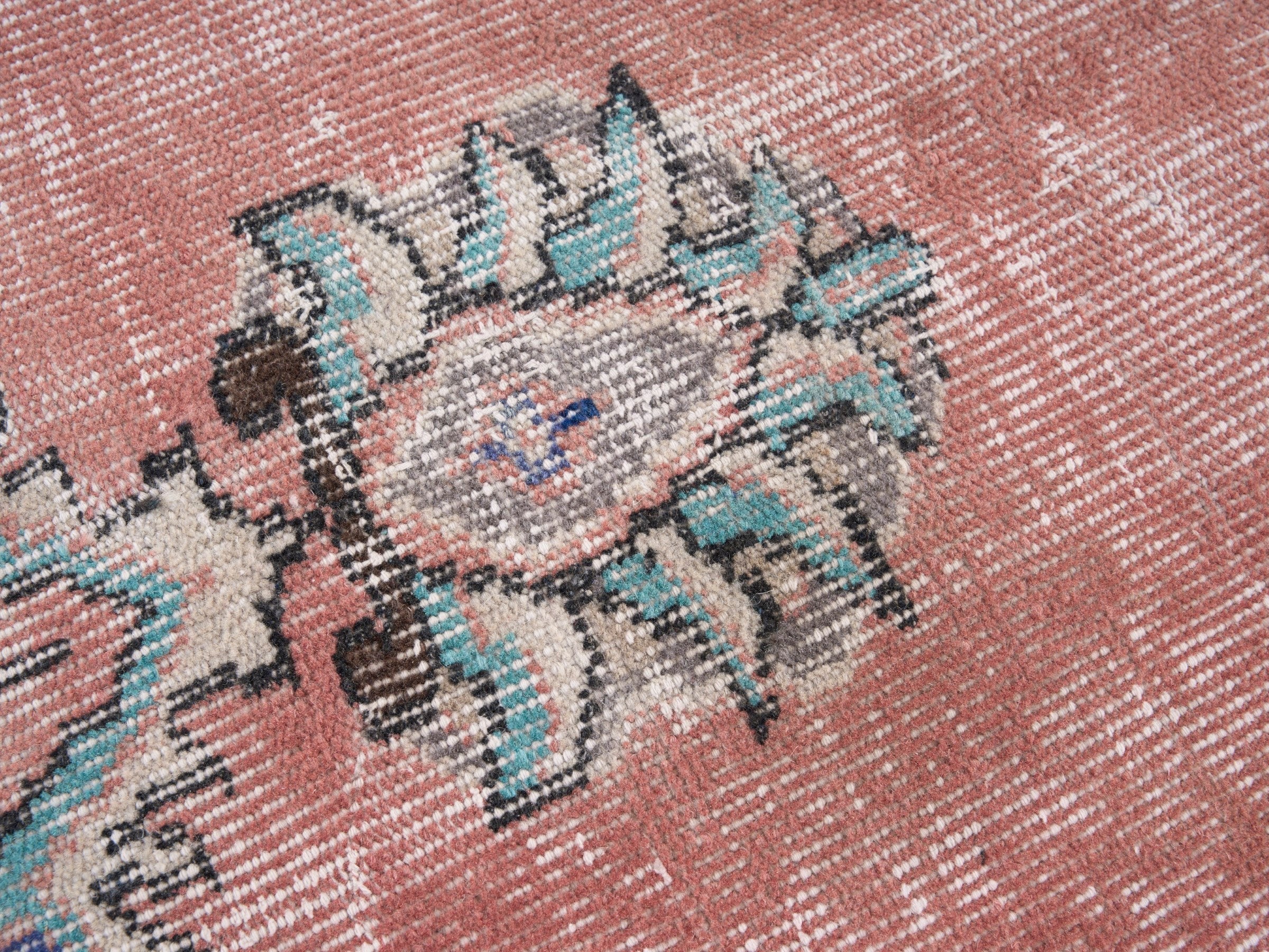 Turkish Isparta area rug in muted pink and slate blue, view 7 of 10