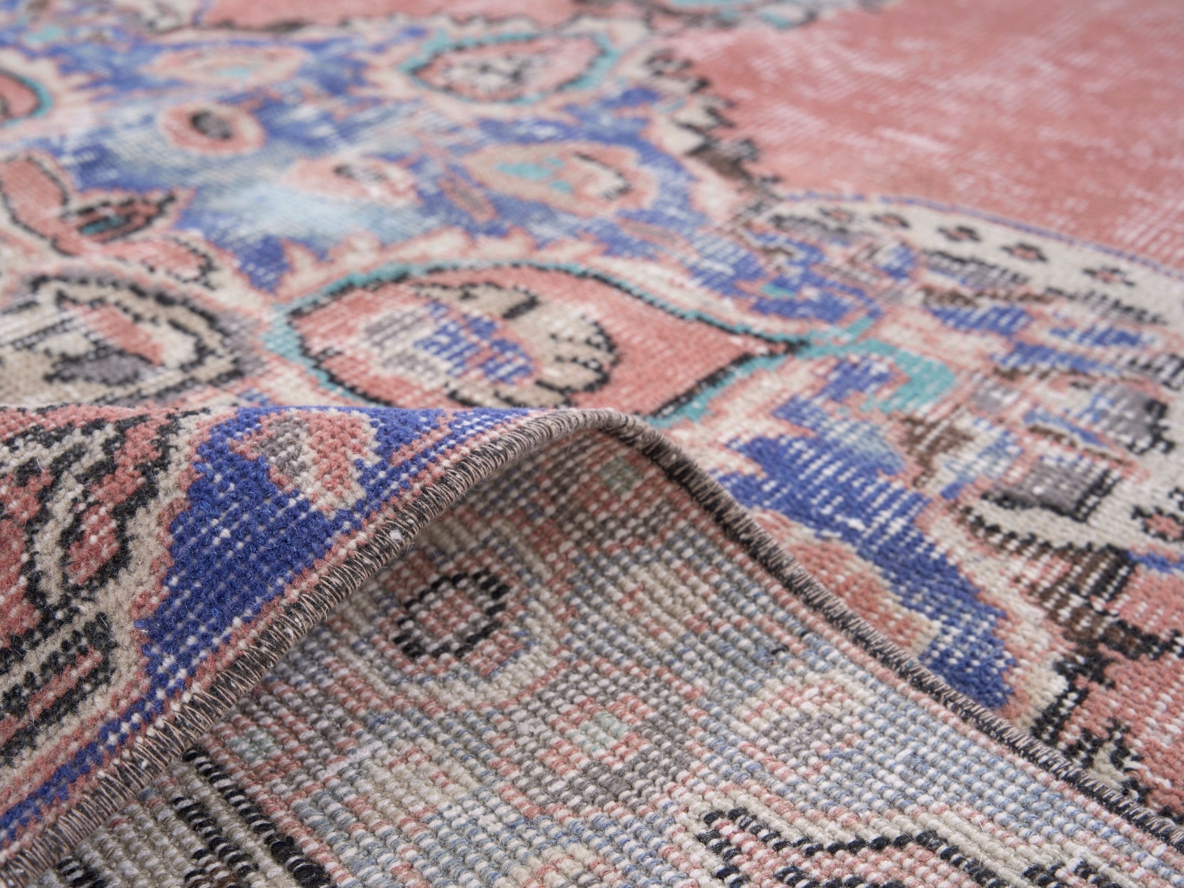 Turkish Isparta area rug in muted pink and slate blue, view 9 of 10