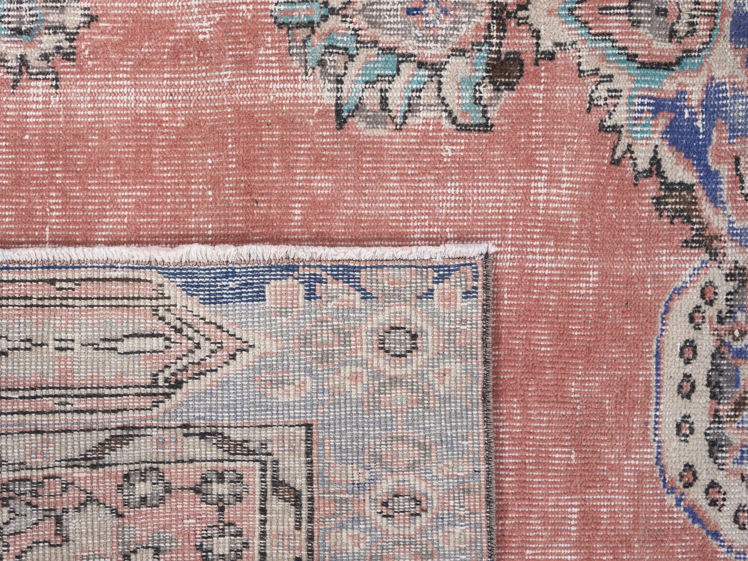 Turkish Isparta area rug in muted pink and slate blue, view 10 of 10