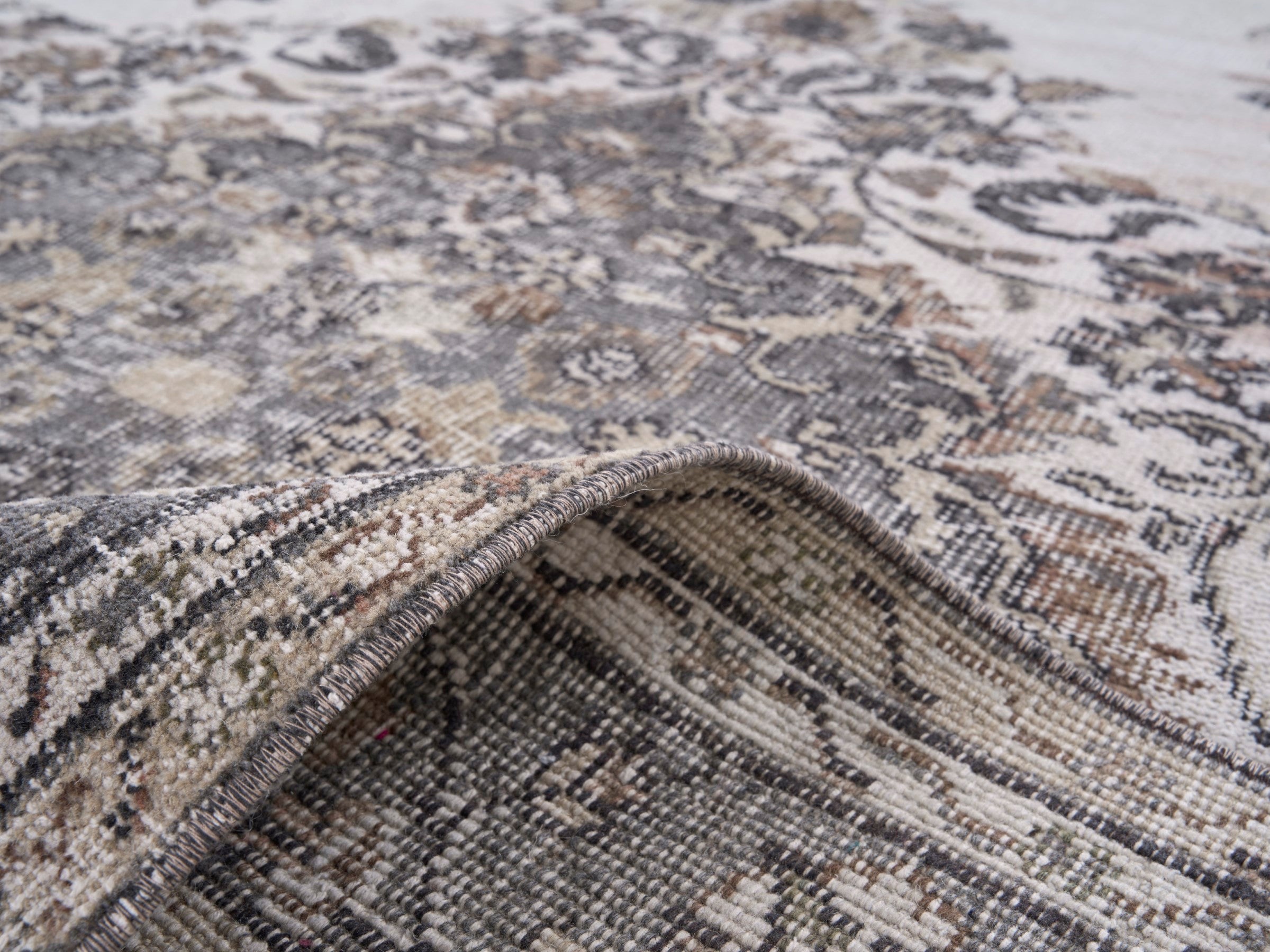 Turkish Isparta area rug in cream and greige, view 9 of 10