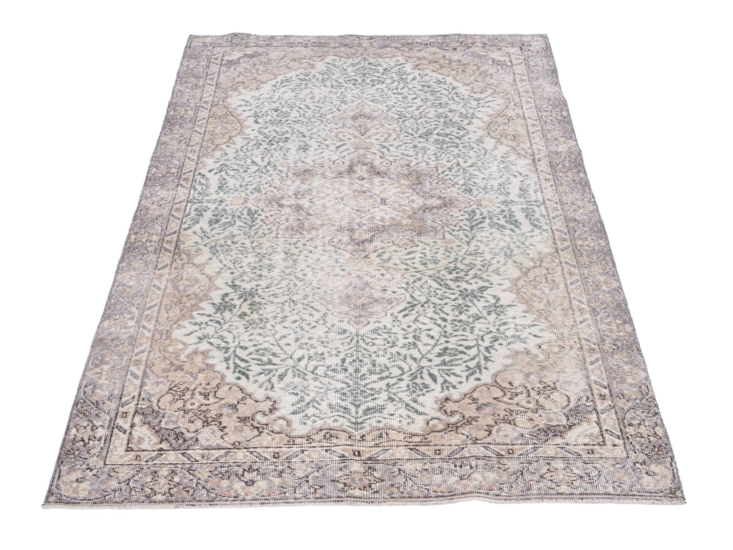 Turkish Isparta area rug in cream and sage, view 2 of 10