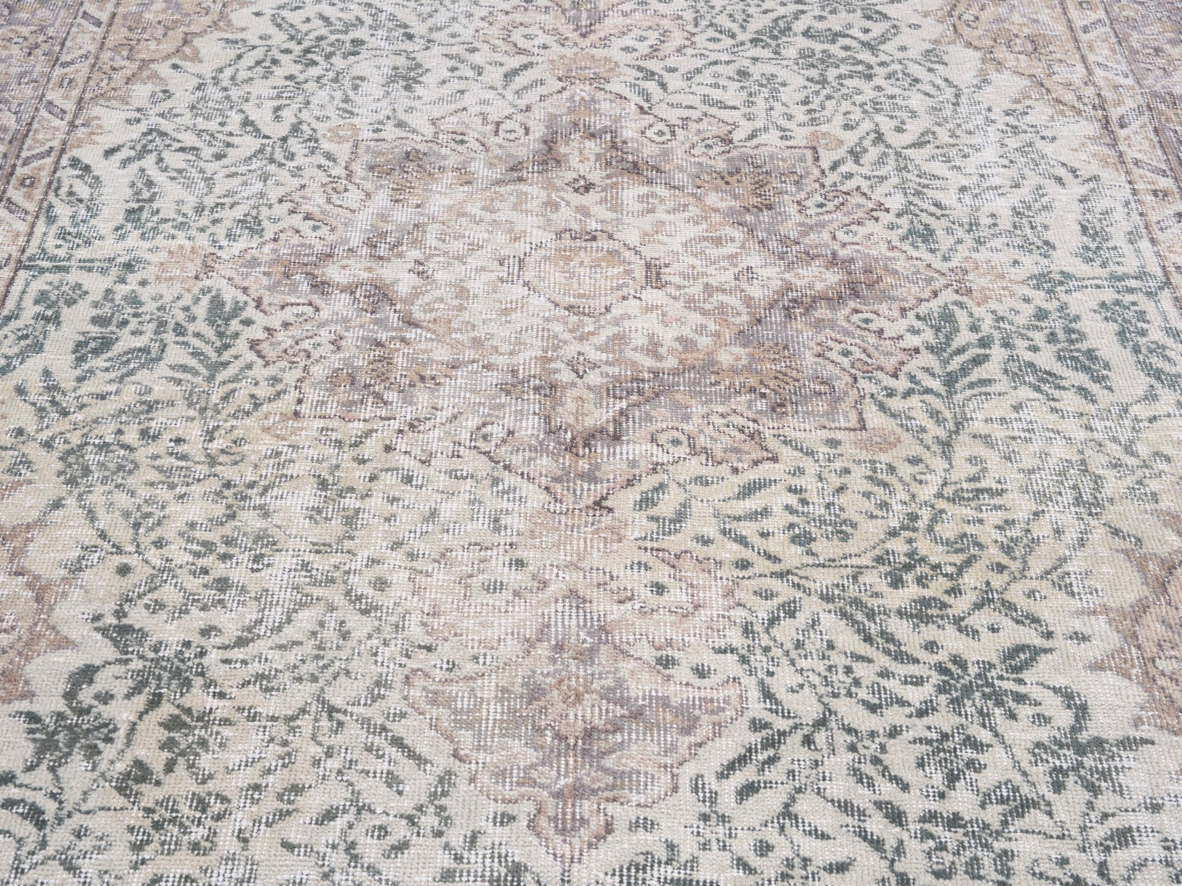 Turkish Isparta area rug in cream and sage, view 4 of 10