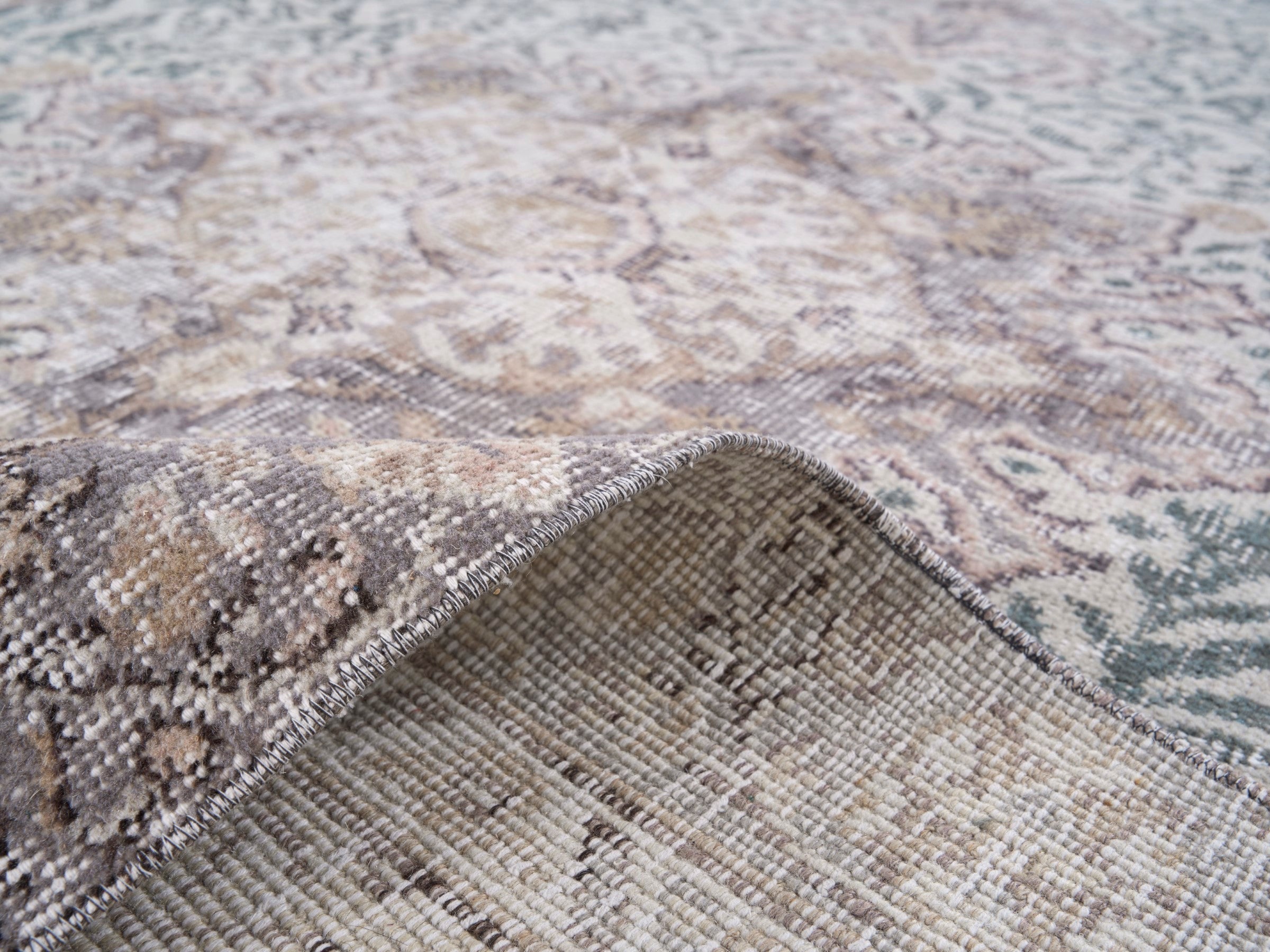 Turkish Isparta area rug in cream and sage, view 9 of 10