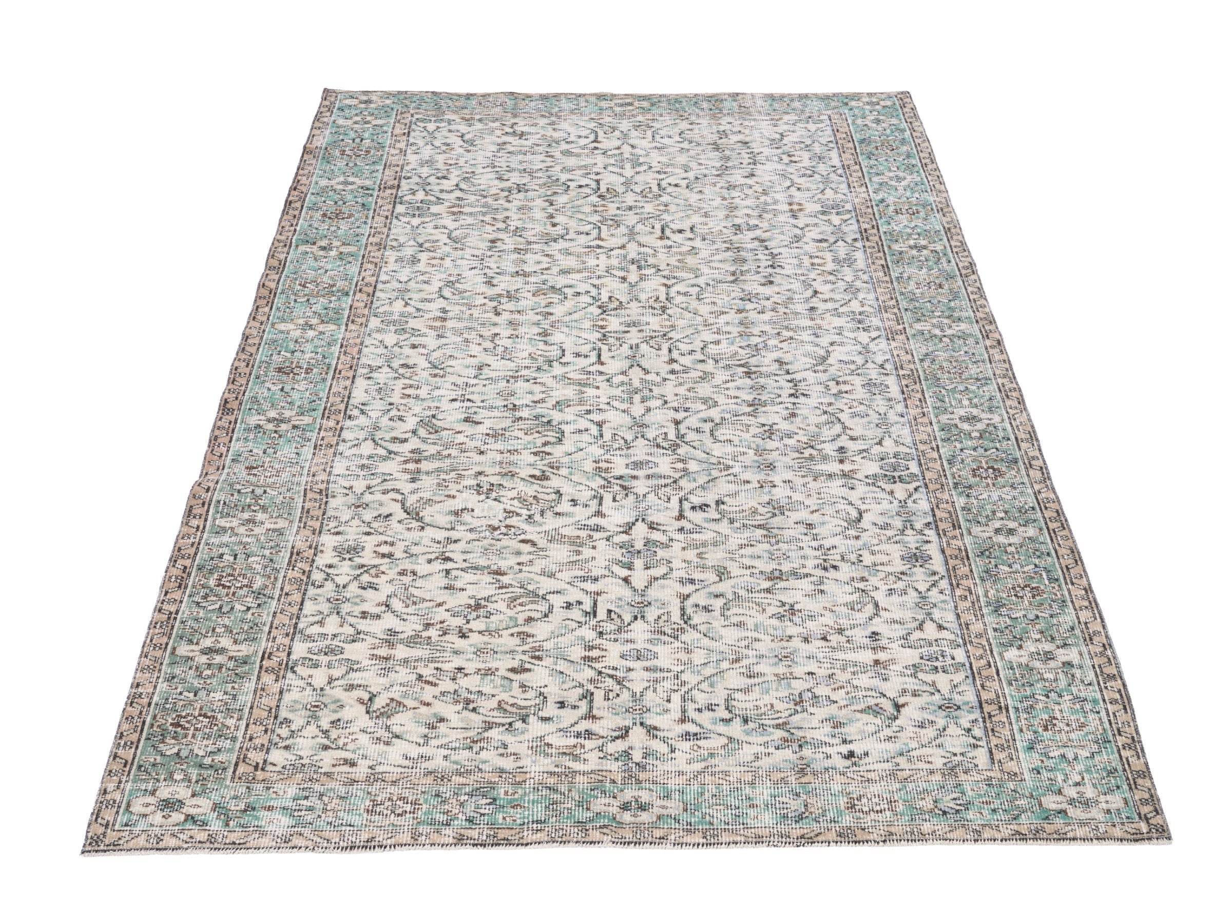 Turkish Isparta area rug in cream and sage, view 2 of 10