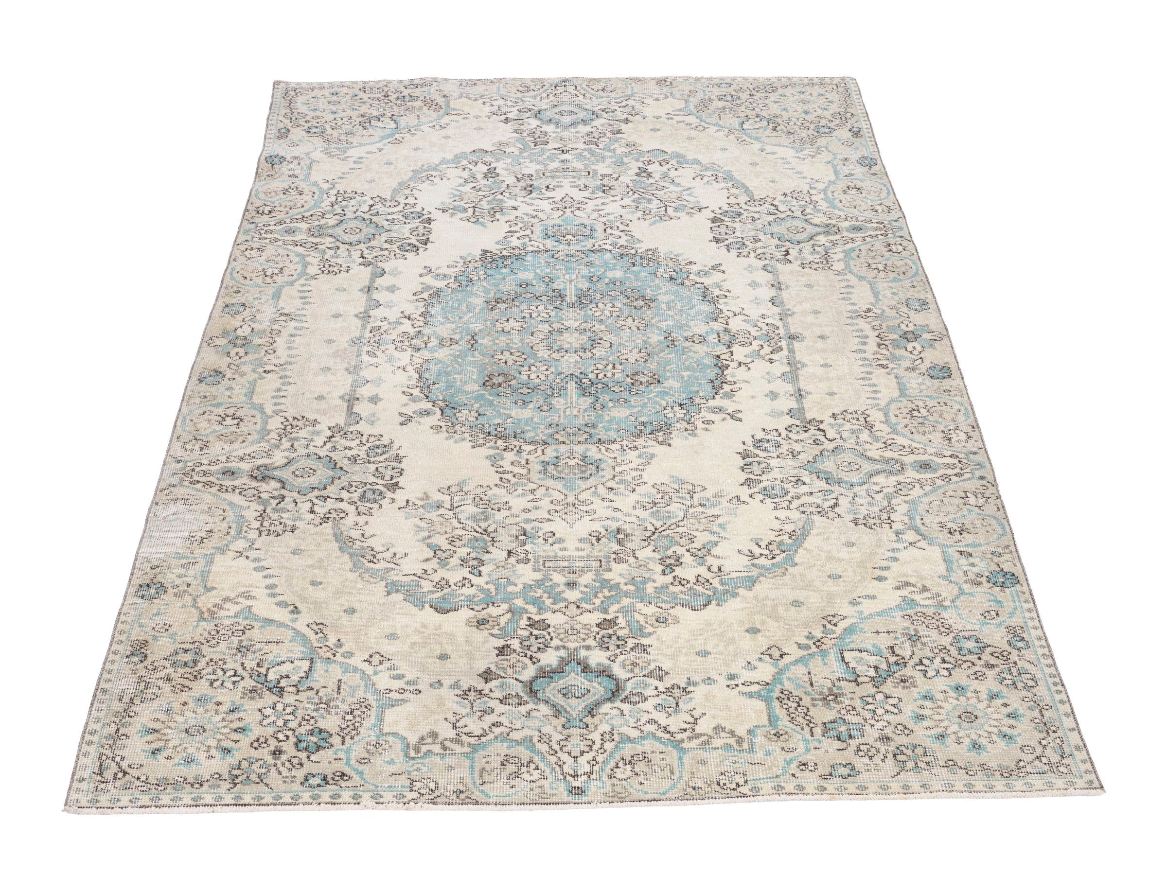 Turkish Isparta area rug in cream and dusty blue, view 2 of 10