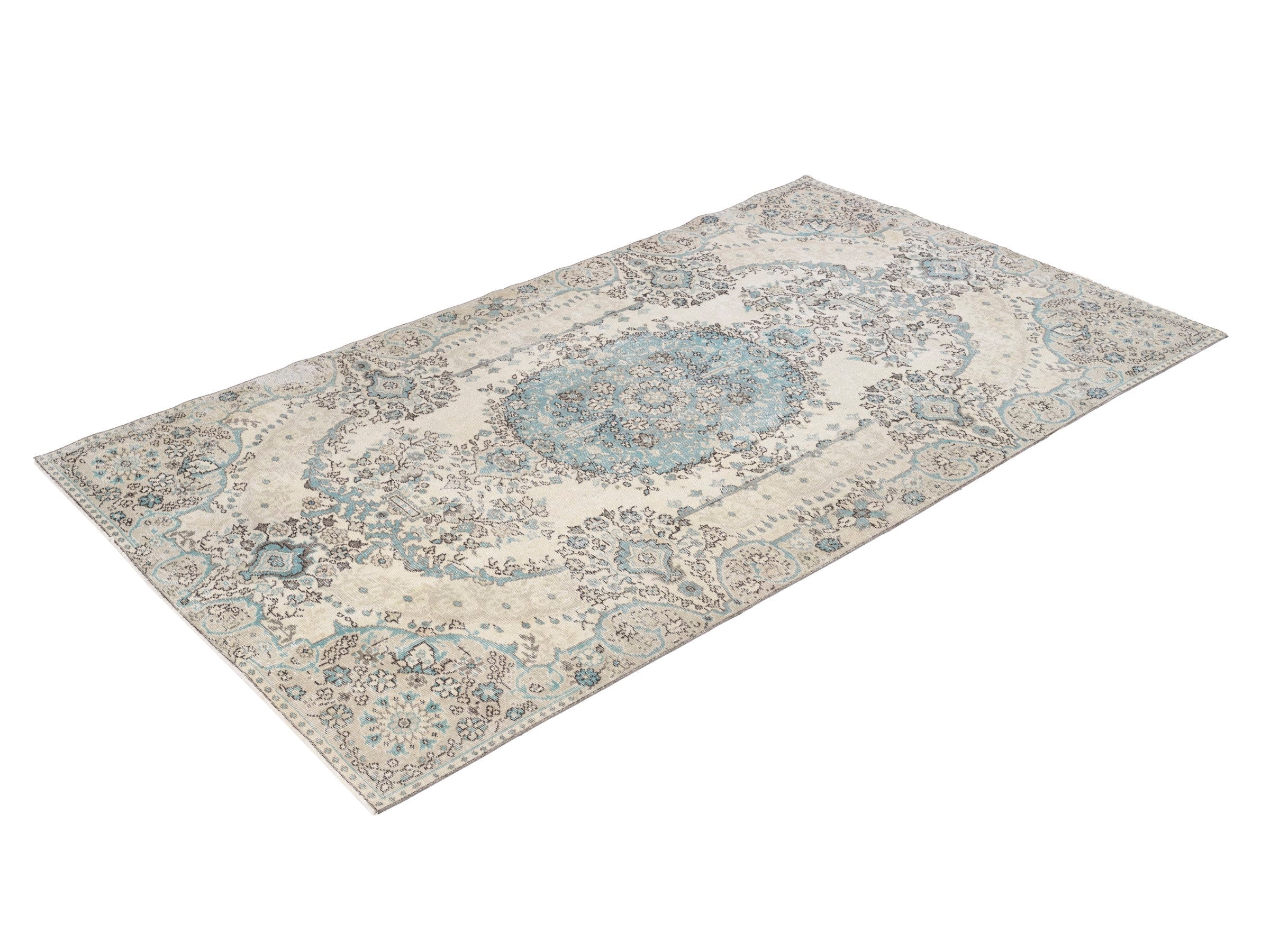 Turkish Isparta area rug in cream and dusty blue, view 3 of 10