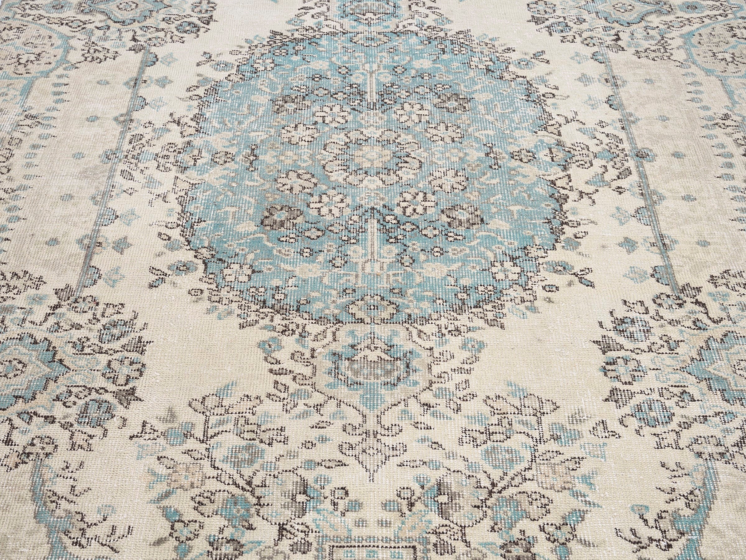 Turkish Isparta area rug in cream and dusty blue, view 4 of 10