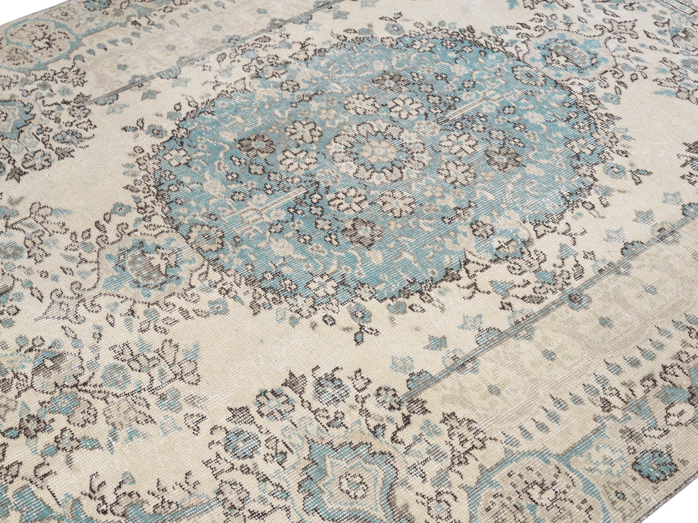 Turkish Isparta area rug in cream and dusty blue, view 5 of 10