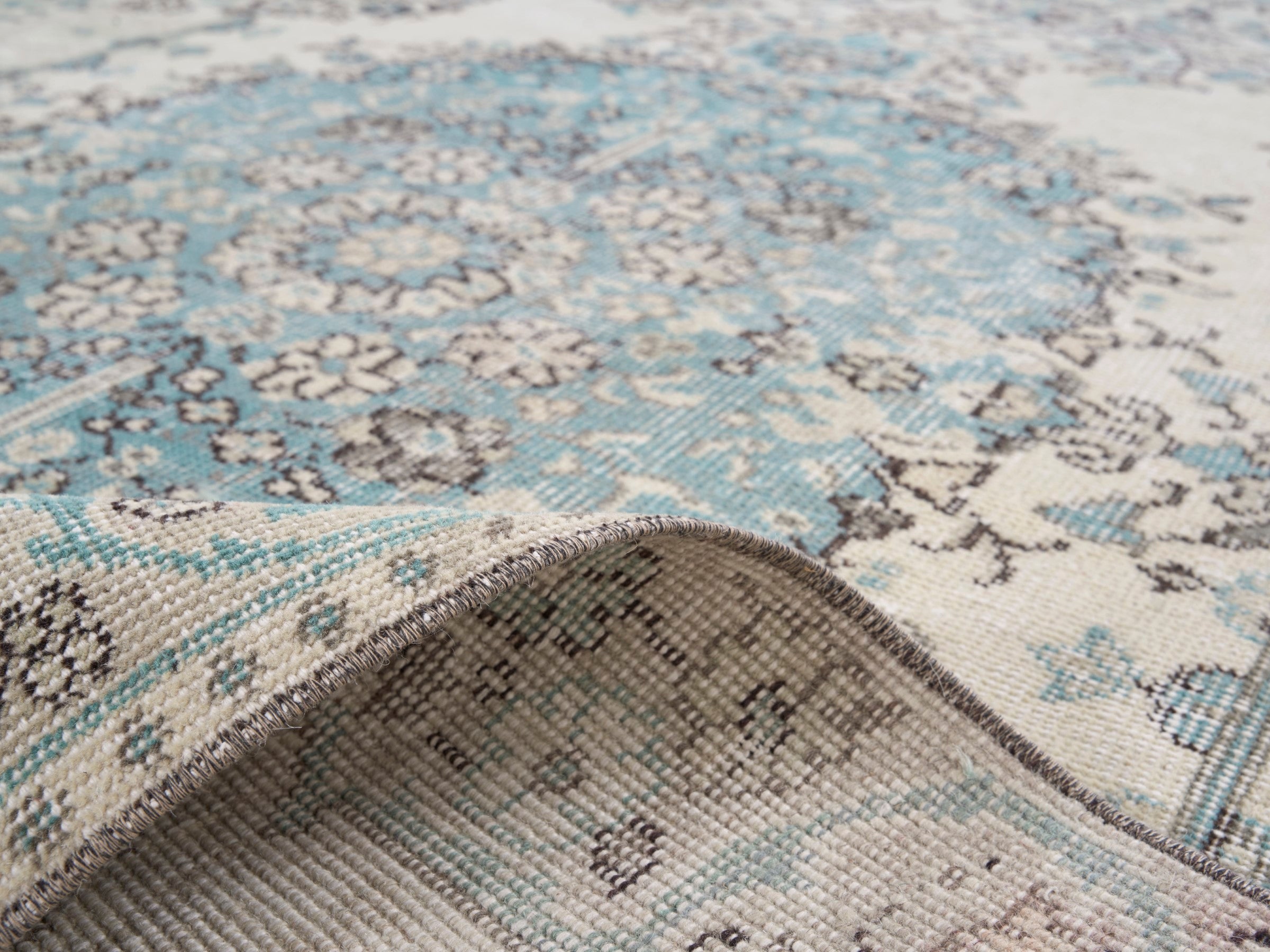 Turkish Isparta area rug in cream and dusty blue, view 9 of 10