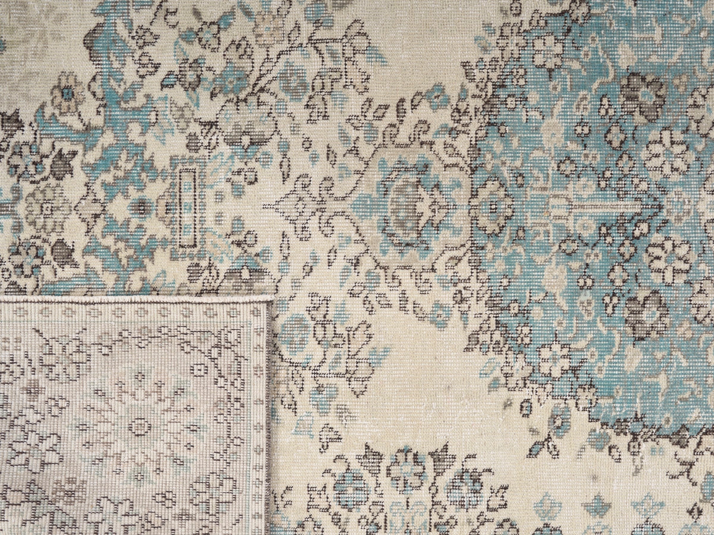 Turkish Isparta area rug in cream and dusty blue, view 10 of 10