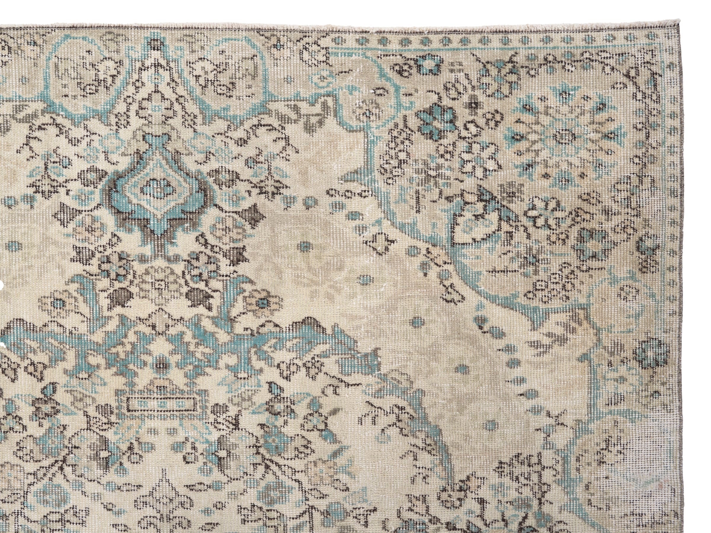 Turkish Isparta area rug in cream and dusty blue, view 8 of 10