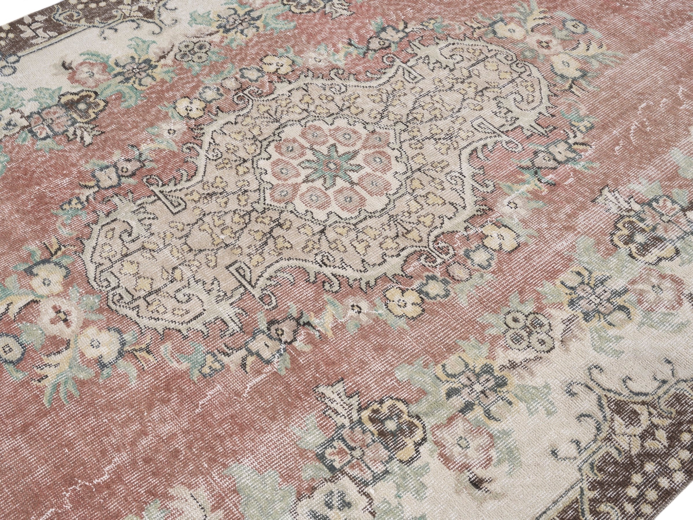 Turkish Isparta area rug in dusty rose and cream, view 5 of 10