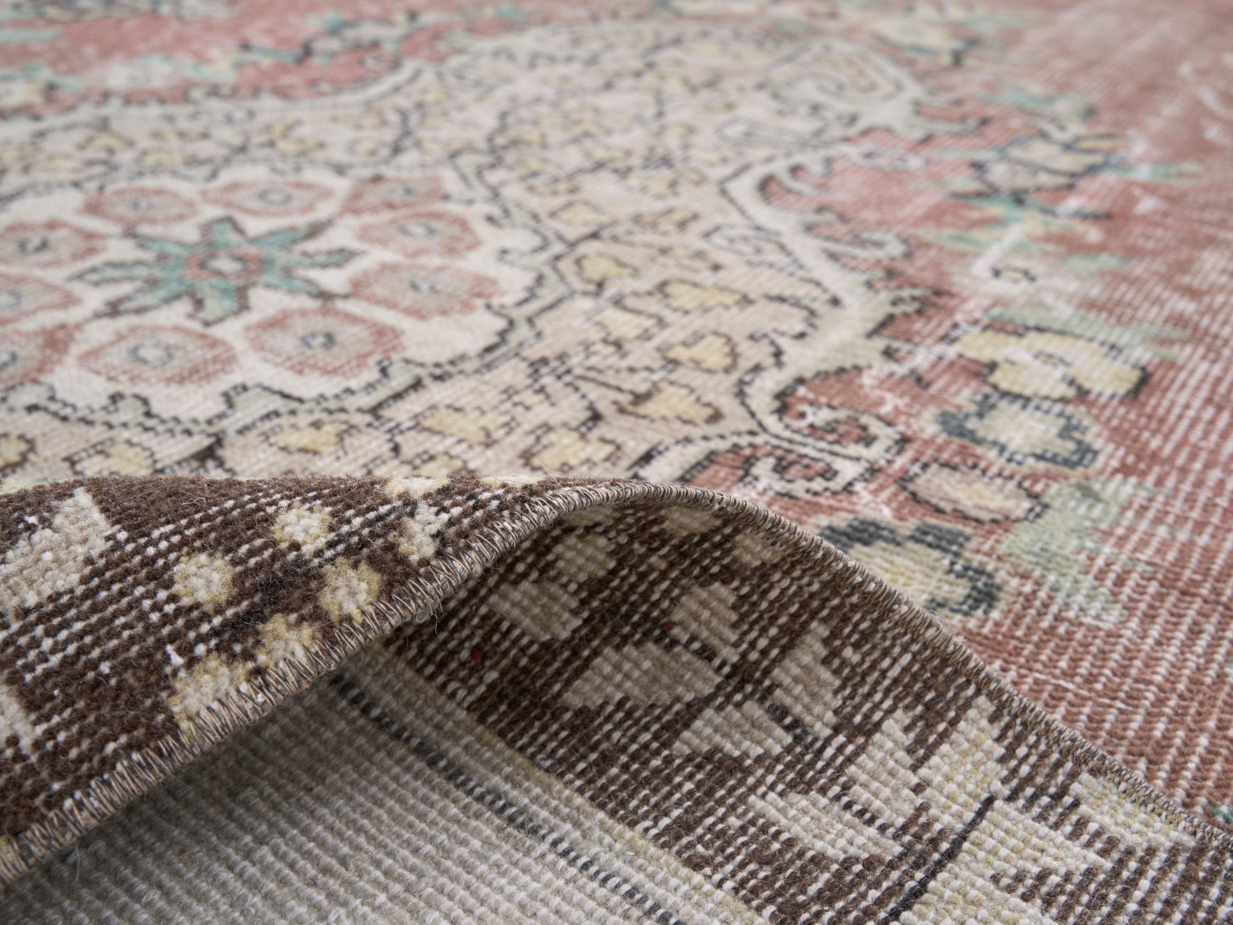 Turkish Isparta area rug in dusty rose and cream, view 9 of 10