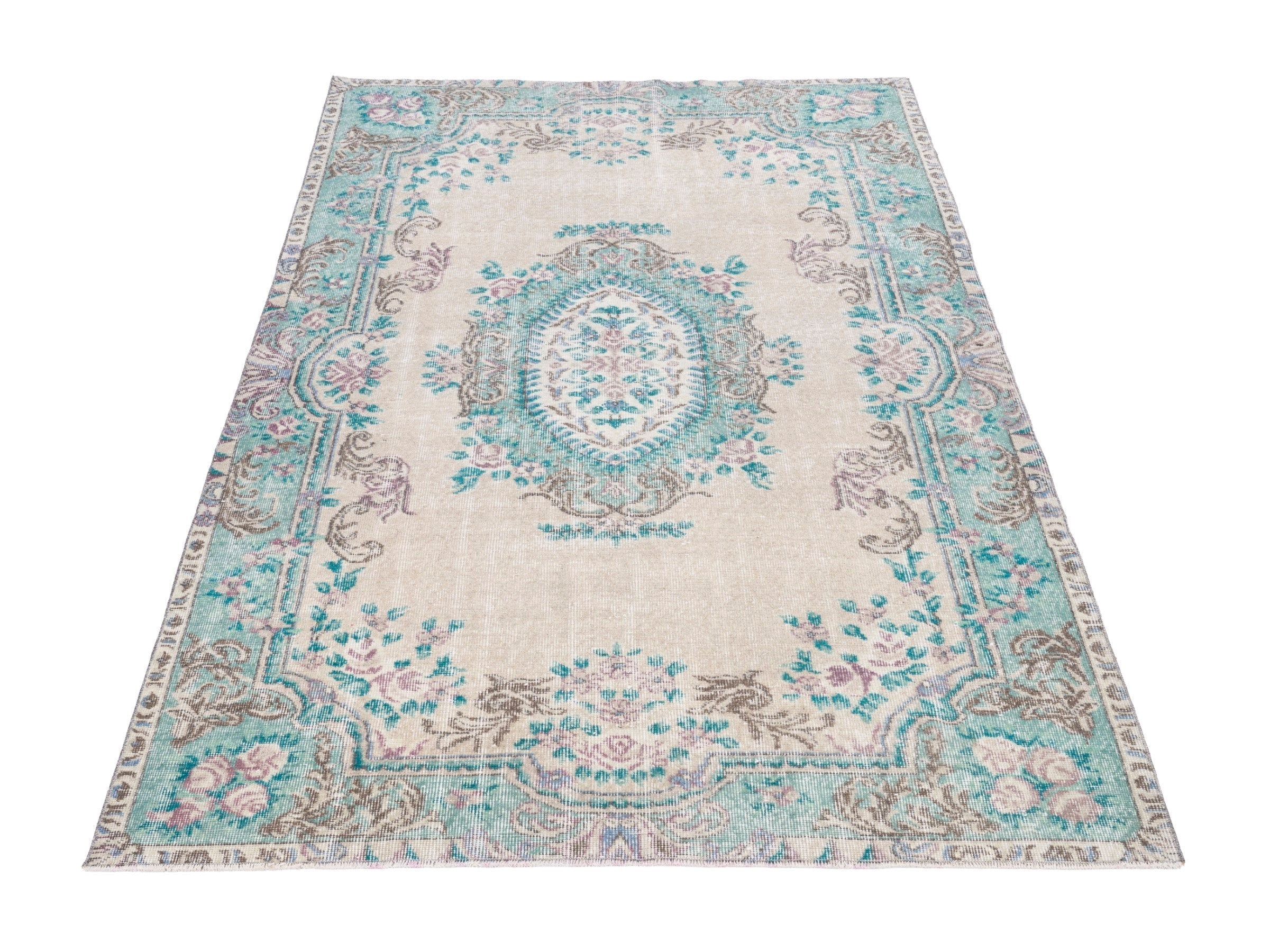 Turkish Isparta area rug in cream and turquoise, view 2 of 10