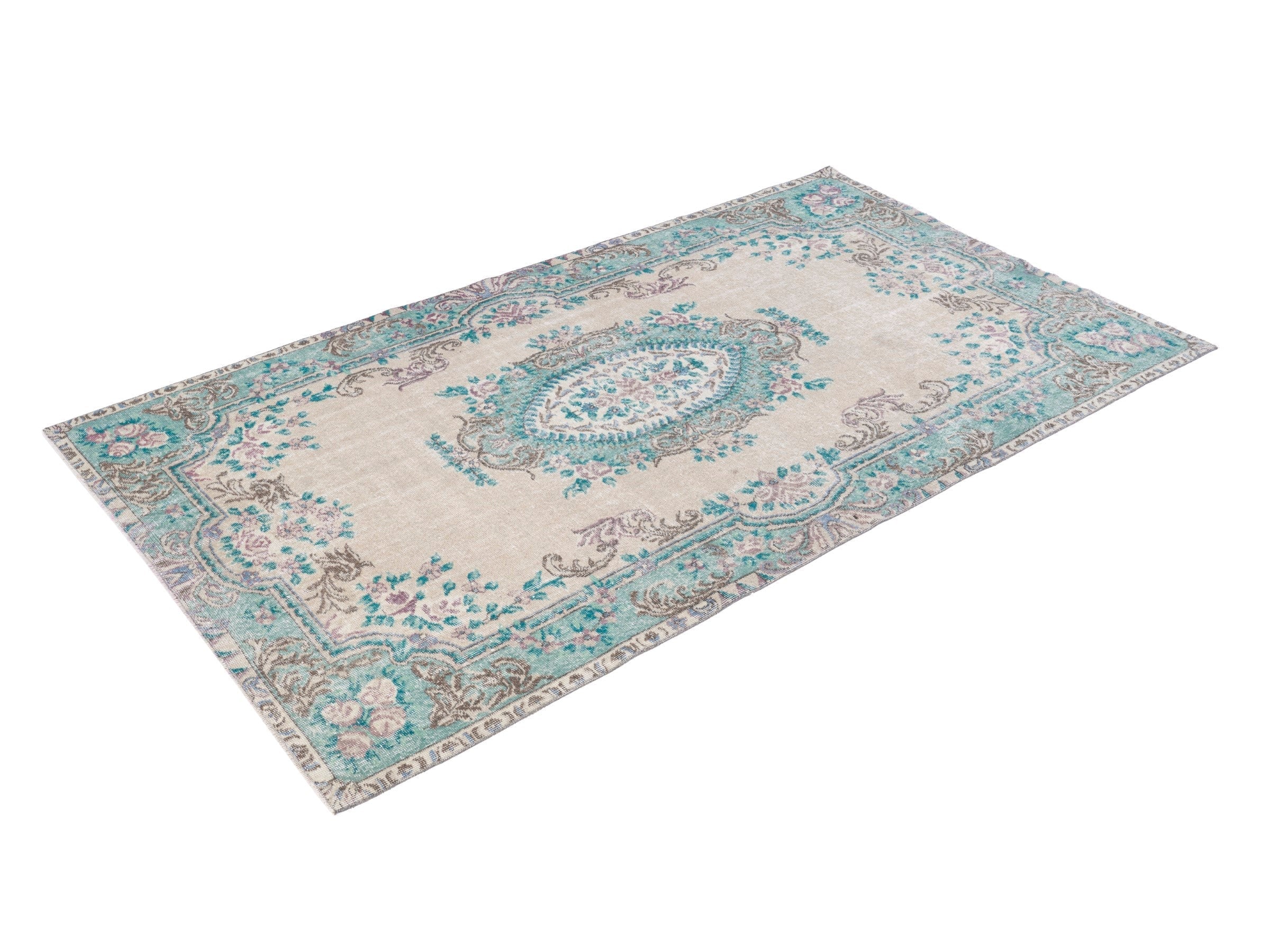Turkish Isparta area rug in cream and turquoise, view 3 of 10