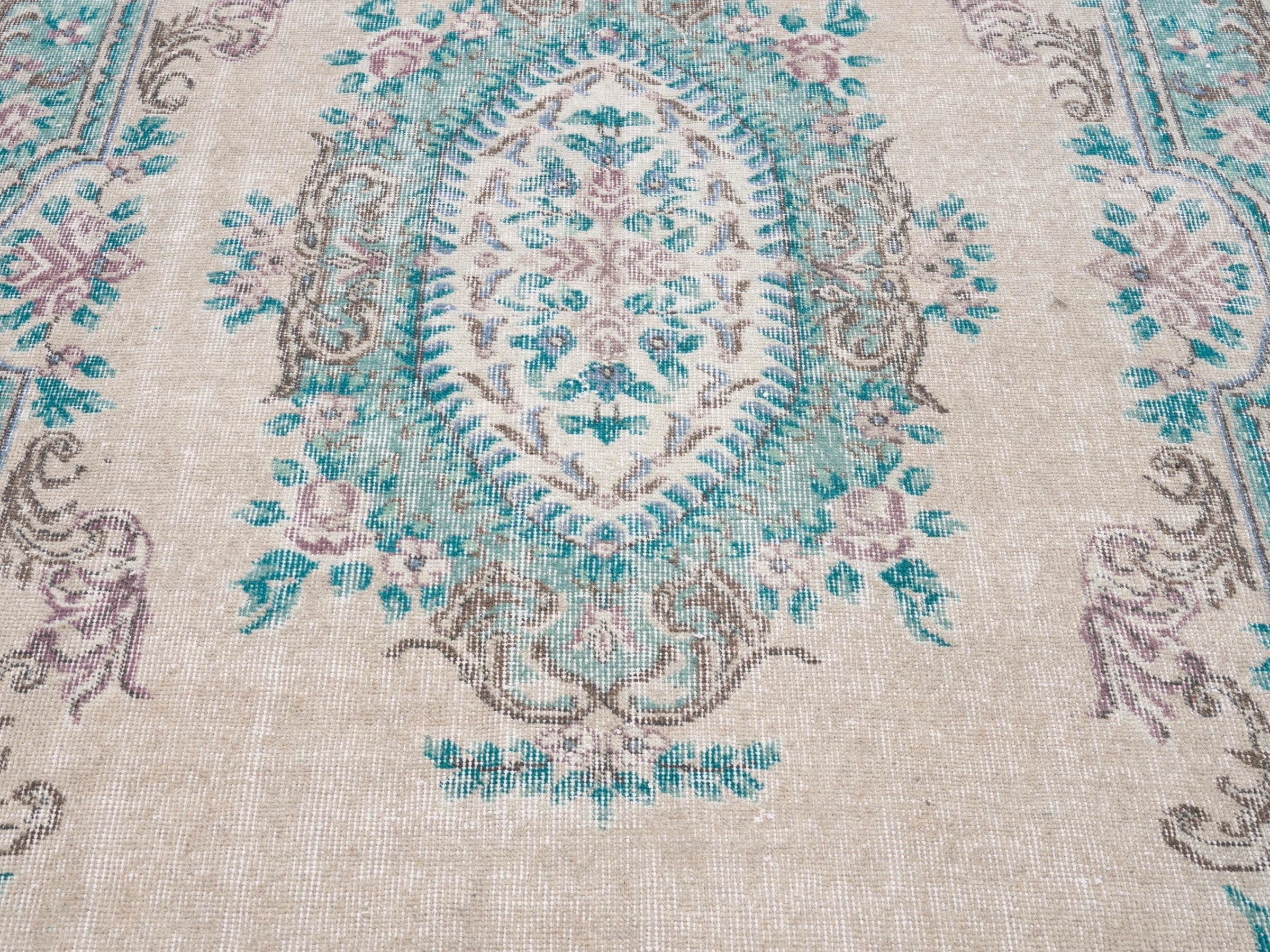 Turkish Isparta area rug in cream and turquoise, view 4 of 10