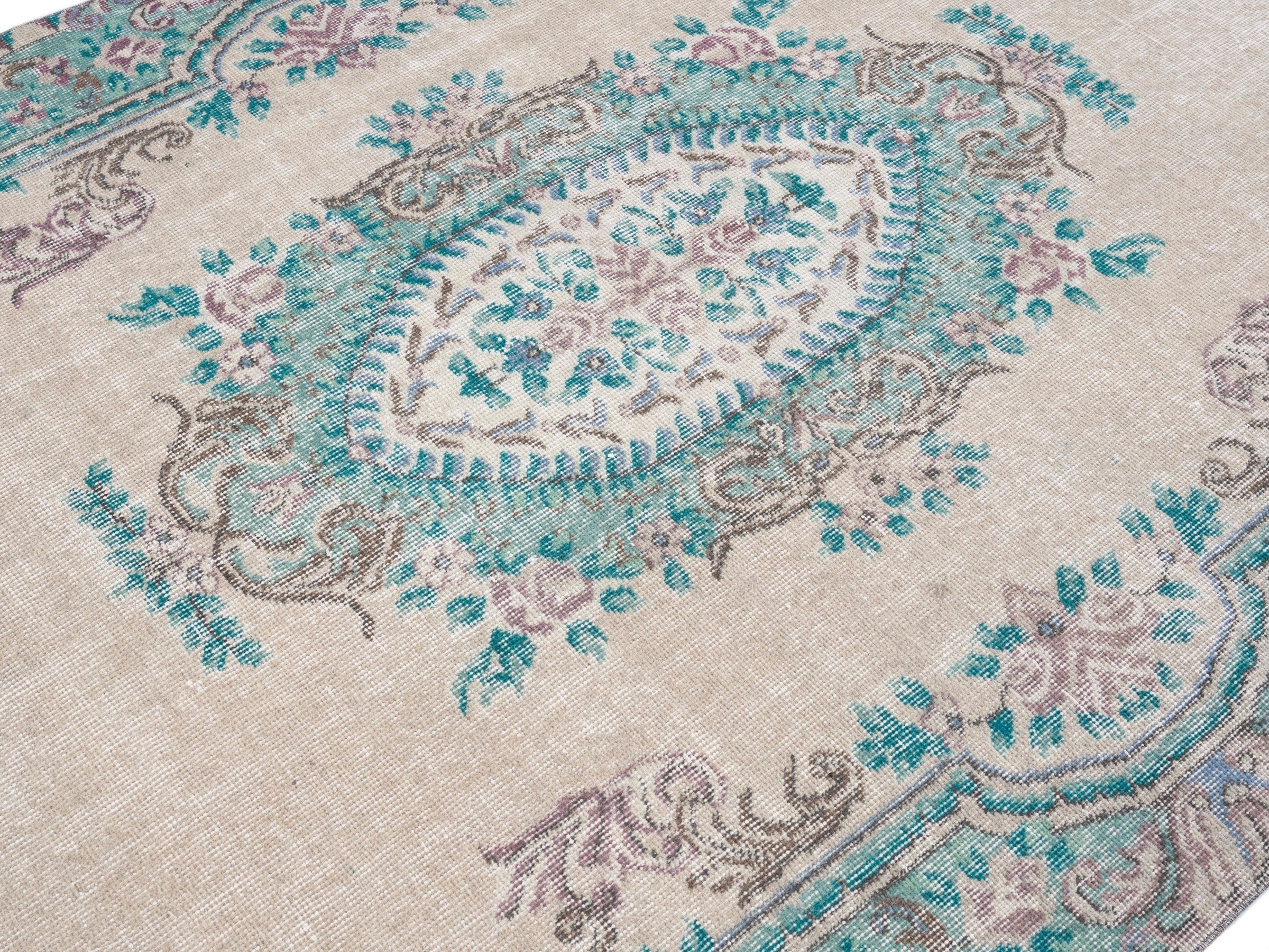 Turkish Isparta area rug in cream and turquoise, view 5 of 10
