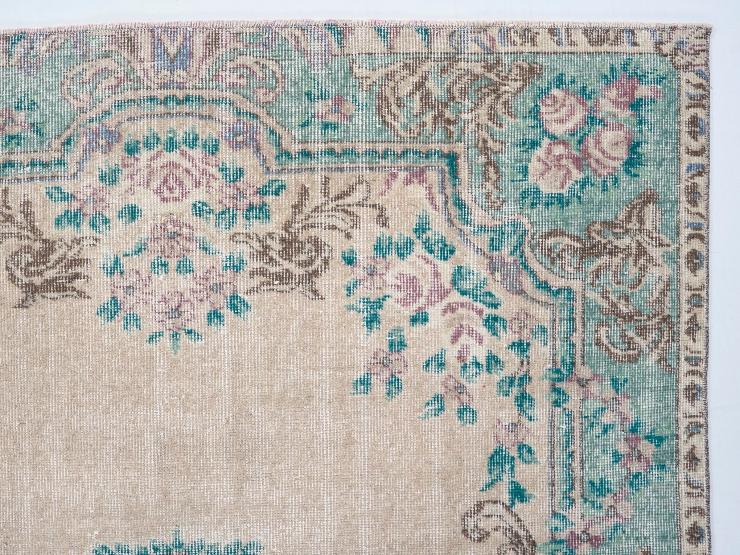 Turkish Isparta area rug in cream and turquoise, view 8 of 10