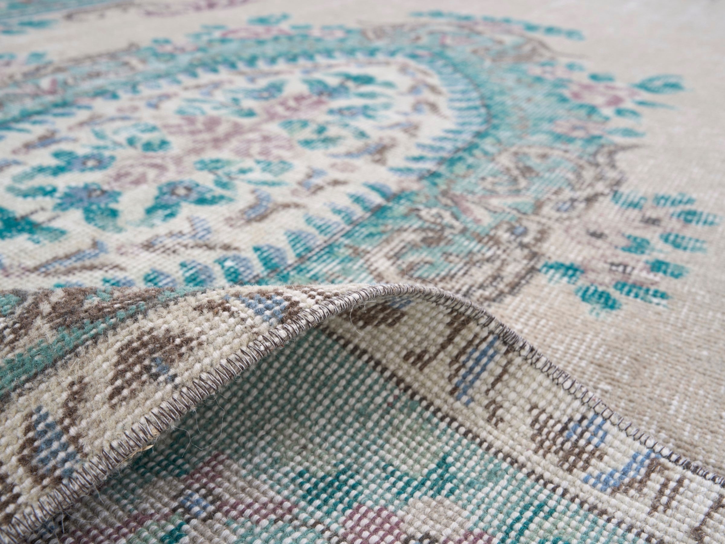 Turkish Isparta area rug in cream and turquoise, view 9 of 10