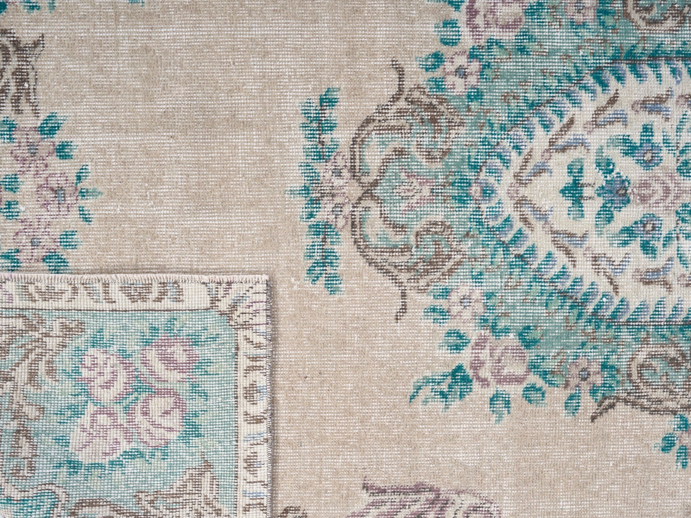 Turkish Isparta area rug in cream and turquoise, view 10 of 10