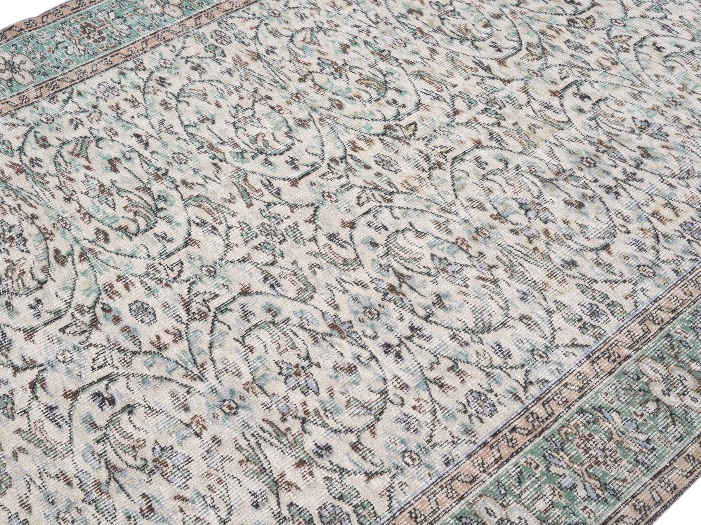 Turkish Isparta area rug in cream and sage, view 5 of 10